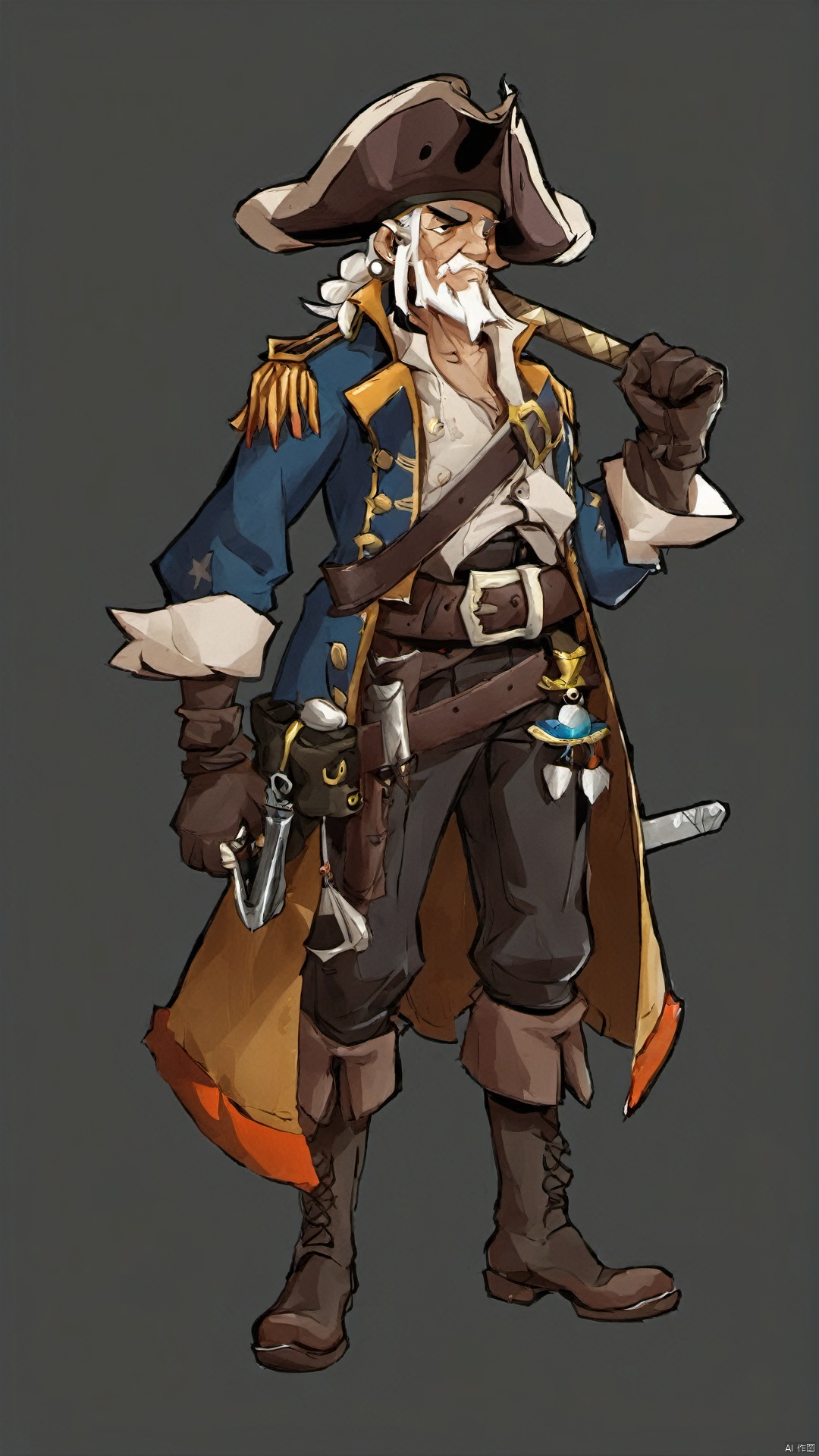 (european and american style) (character drawing), 1boy, solo, hat, male focus, gloves, brown footwear, weapon, grey background, belt, facial hair, cane, simple background, boots, beard, holding, standing, brown gloves, white hair, pirate hat, torn clothes, full body, gun, old, coat, pirate, hat feather, tricorne, pants, brown belt, old man, black pants