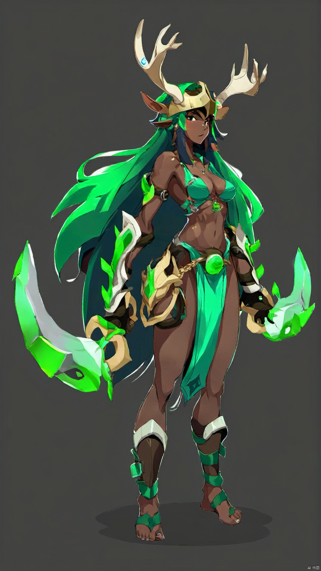 (european and american style) (character drawing), 1girl, long hair, solo, grey background, barefoot, breasts, dark skin, simple background, dark-skinned female, green hair, full body, medium breasts, very long hair, gauntlets, standing, jewelry, helmet, horns, antlers, armor, bikini, swimsuit