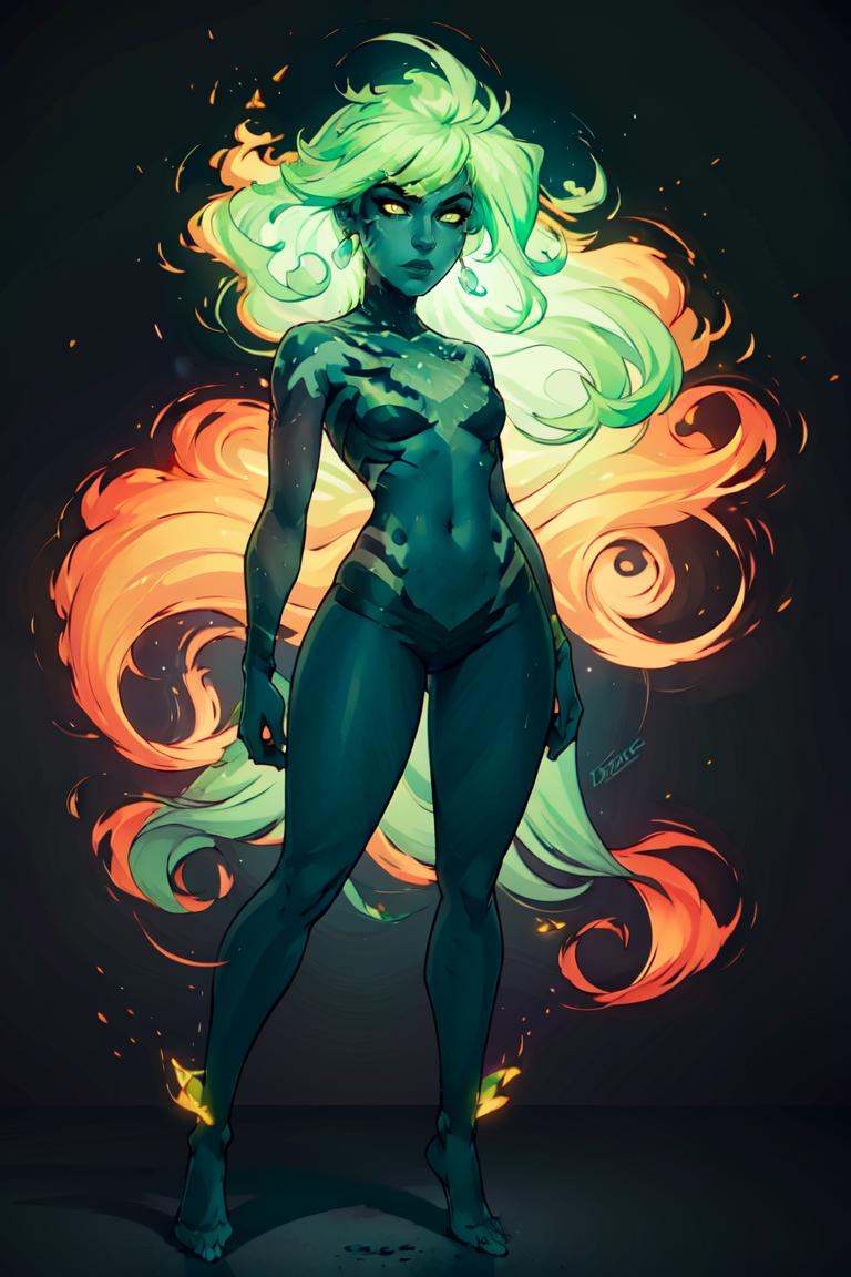 ((masterpiece,best quality)), absurdres, <lora:Fiery_Hair:0.8>, Fiery_Hair, 1girl, long hair, navel, green eyes, standing, full body, yellow eyes, green hair, makeup, colored skin, transparent background, monster girl, green skin, green lips
