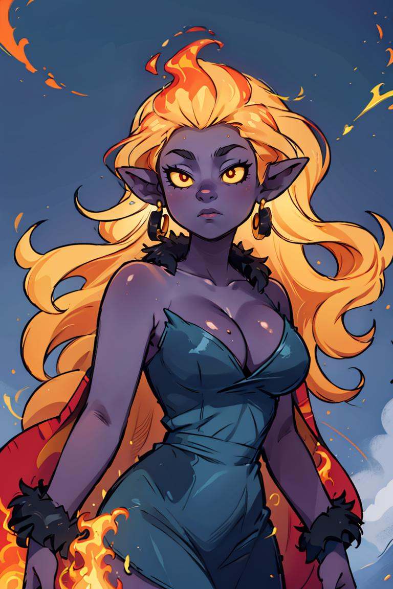 ((masterpiece,best quality)), absurdres, <lora:Fiery_Hair:0.8>, Fiery_Hair, fiery hair, glowing,  long hair, large breasts, cleavage, bare shoulders, very long hair, blue fire, blue fire hair, upper body, outdoors, sky, pointy ears, night, floating hair, colored skin, colored sclera, flat color, yellow sclera (fur coat:1.5), cowboy shot,  