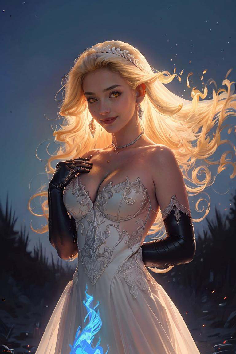 (masterpiece, best quality:1.2), beautiful eyes, <lora:Fiery_Hair:1>, Fiery_Hair, fiery hair, glowing,  long hair, large breasts, cleavage, bare shoulders, very long hair, blue fire, blue fire hair, upper body, outdoors, sky, pointy ears, night, floating hair, colored skin, colored sclera, flat color, yellow sclera, looking at viewer, vampire, fangs, smile,   bride, wedding dress, bridal veil, strapless dress, elbow gloves,  