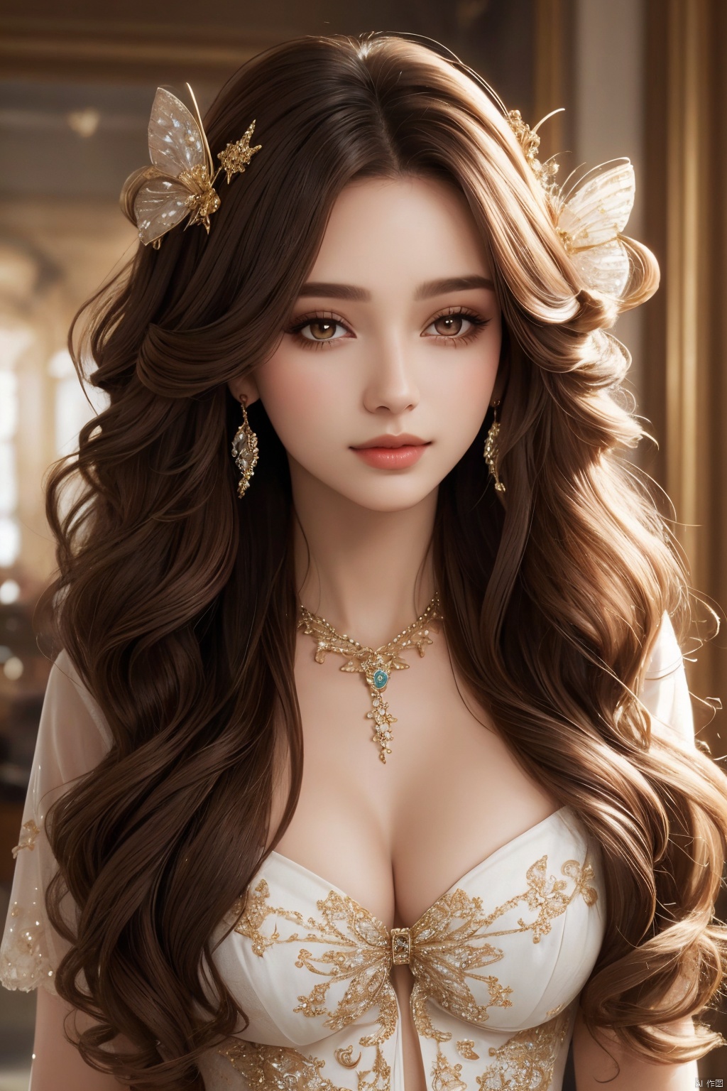 1girl\(long brown curly hair,  an extremely luxurious butterfly necklace,  make up on Tensor.Art