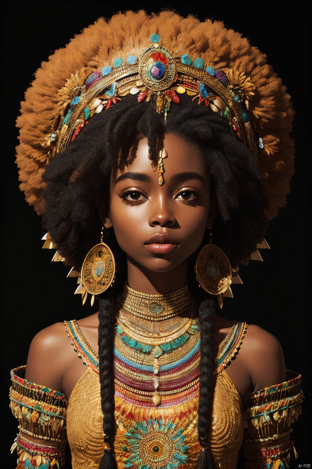  high quality, masterpiece, 1girl, African queen, afro, psychedelic