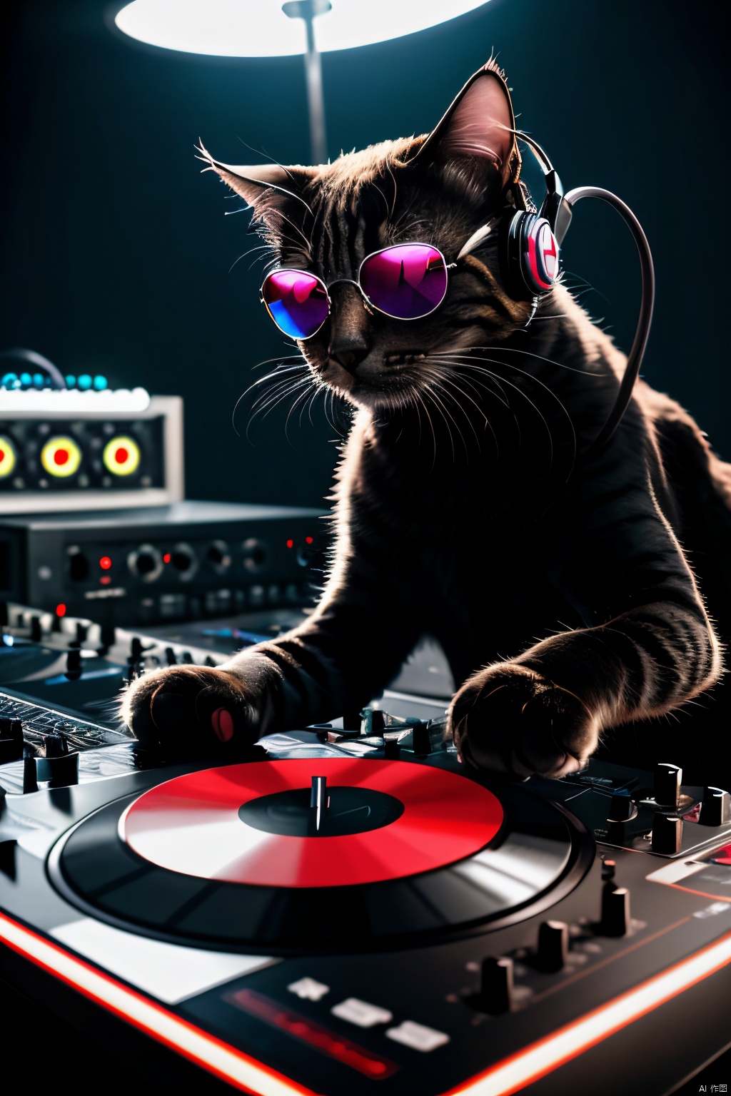  8k uhd rtx on cinematic artistic photoreal masterpiece best quality high resolution, A Cat DJ, wearing sunglasses and headphones, working the turntables as a DJ,