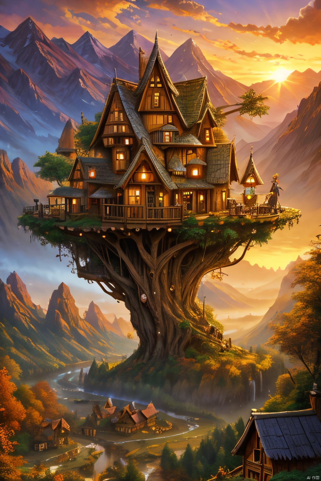  valley, fairytale treehouse village covered, , matte painting, highly detailed, dynamic lighting, cinematic, realism, realistic, photo real, sunset, detailed, high contrast, denoised, centered, michael whelan
