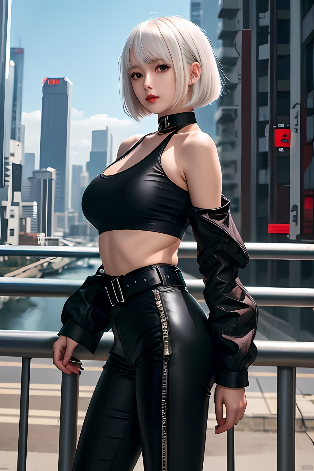  anime artwork lucy \(cyberpunk\), 1girl, white hair, against railing, arm rest, bangs, bare shoulders, belt, black belt, black leotard, black pants, blurry, bob cut, breasts, building, cityscape, clothing cutout, (cropped jacket), cyberpunk, from side, dramatic, key visual, vibrant, highly detailed,