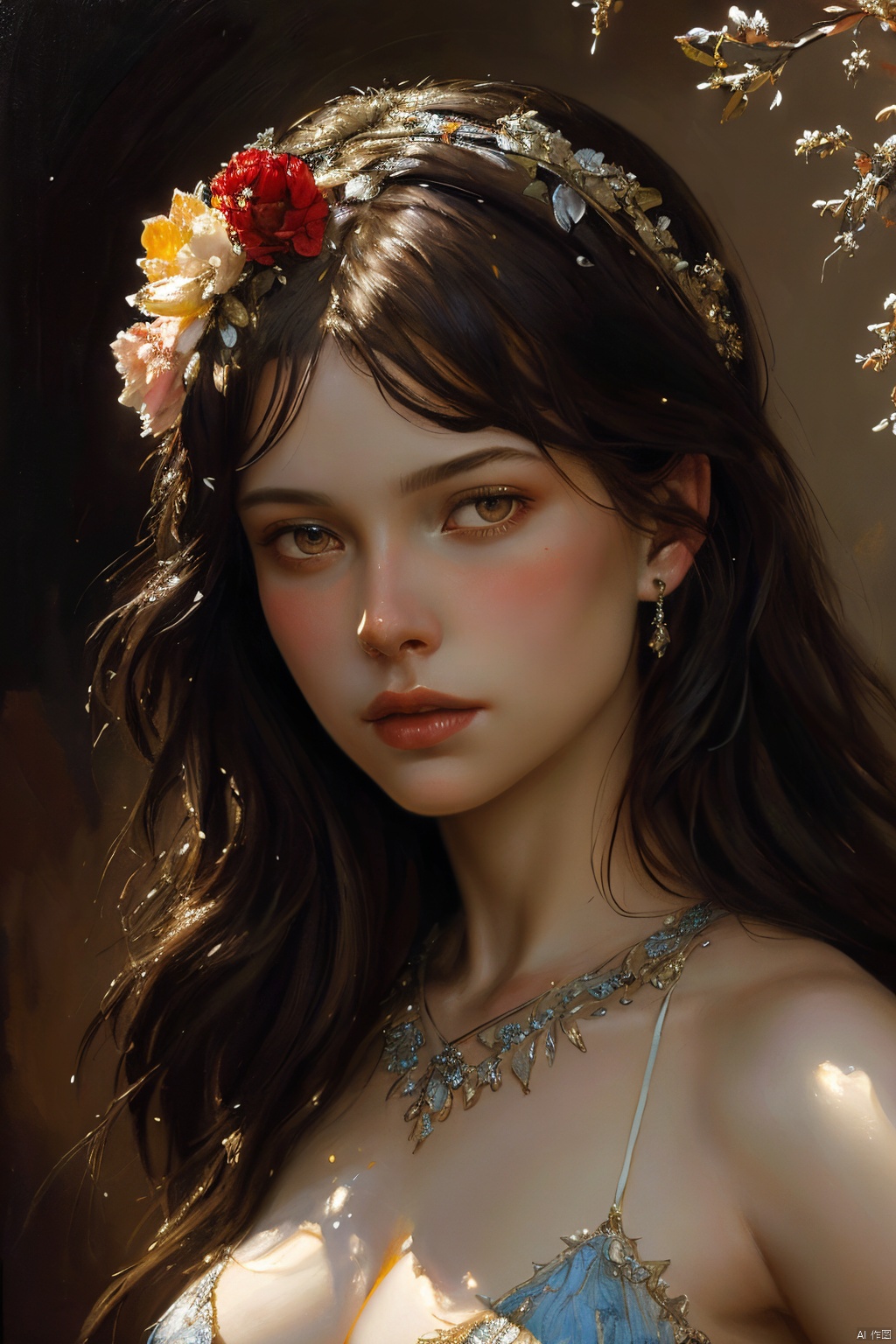  ((amazing quality, award winning, intricately detailed, ultra realistic, extremely detailed 8K)), ((oil painting by Henry Asencio)) portrait of fairy, floral headband, faded art
