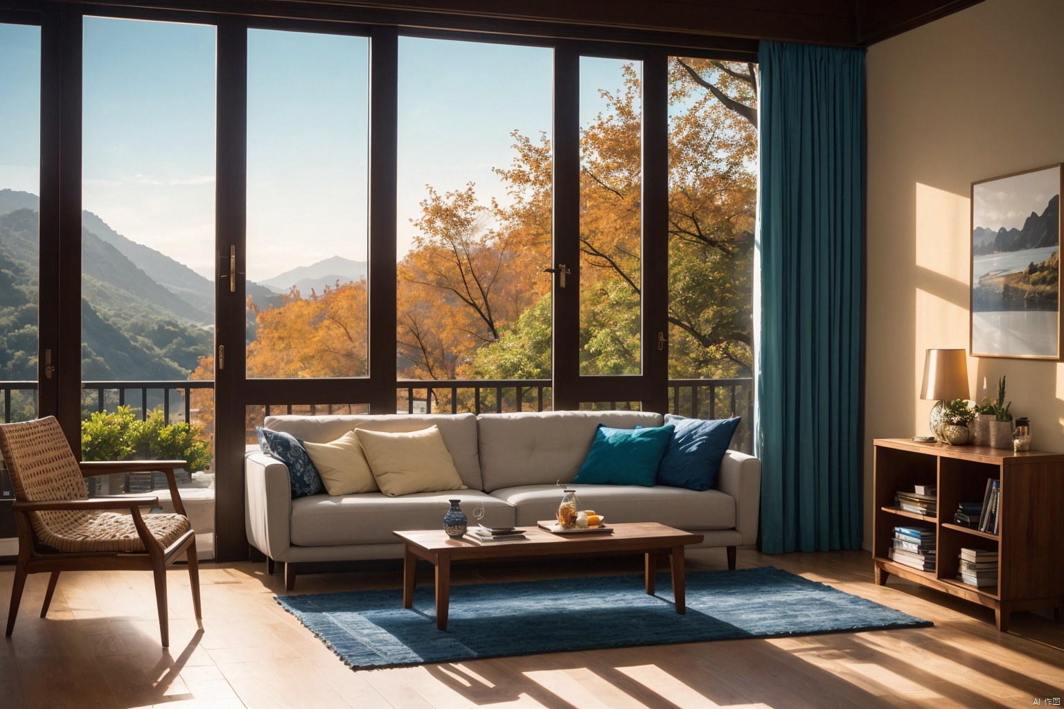  photorealistic modern living room, sharp and crisp background, sofa, low table, bookshelf, parks and buildings from window, wood and flower, beautiful landscape, best quality, masterpiece, hires, in the morning light, detailed lighting, blue sky, (((photo))), (((photorealistic))) ,kkw-ph1, wide shot, sunset, golden hour, nice perspective, bokeh, (best quality:1.2),(blurry foreground:1.2), depth of field