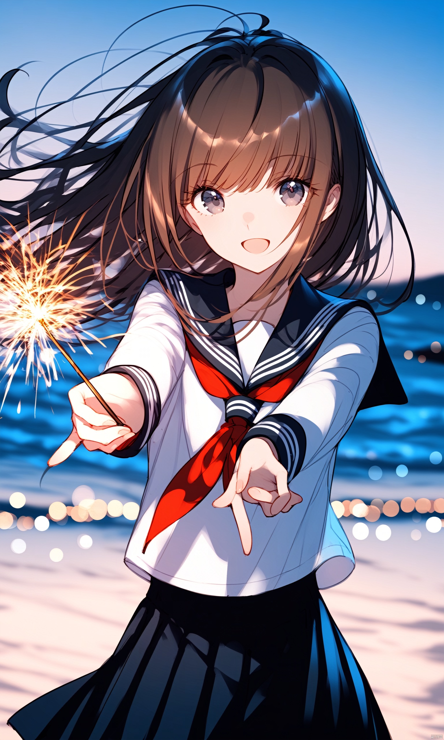 1girl, fireworks, sparkler, solo, school uniform, serafuku, long hair, neckerchief, red neckerchief, outdoors, looking at viewer, long sleeves, brown hair, skirt, sailor collar, blurry, shirt, night, white shirt, ocean, bangs, pleated skirt, open mouth, holding, beach, depth of field, floating hair, blurry background, hand up, water, smile, sky, black skirt, upper body, grey eyes, black sailor collar, parted lips, outstretched arm, horizon