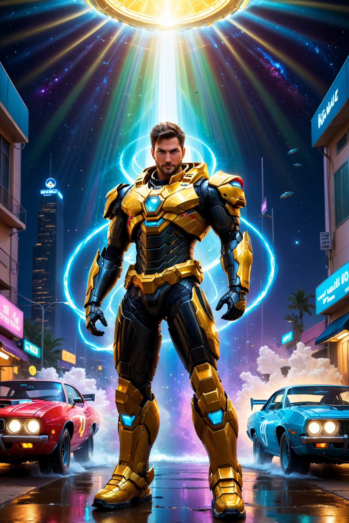 "((Dan stands tall,  enveloped by a radiant halo of light,  his face beaming with a triumphant expression)) ((Around him o...