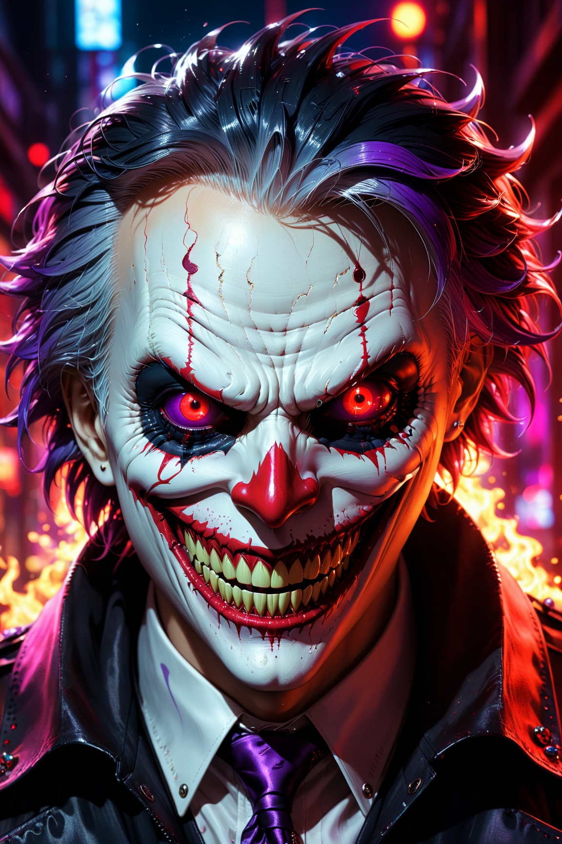 "Gothic style colors,  detailed fantasy image,  sinister clown monster with red eyes and black sclera on Tensor.Art