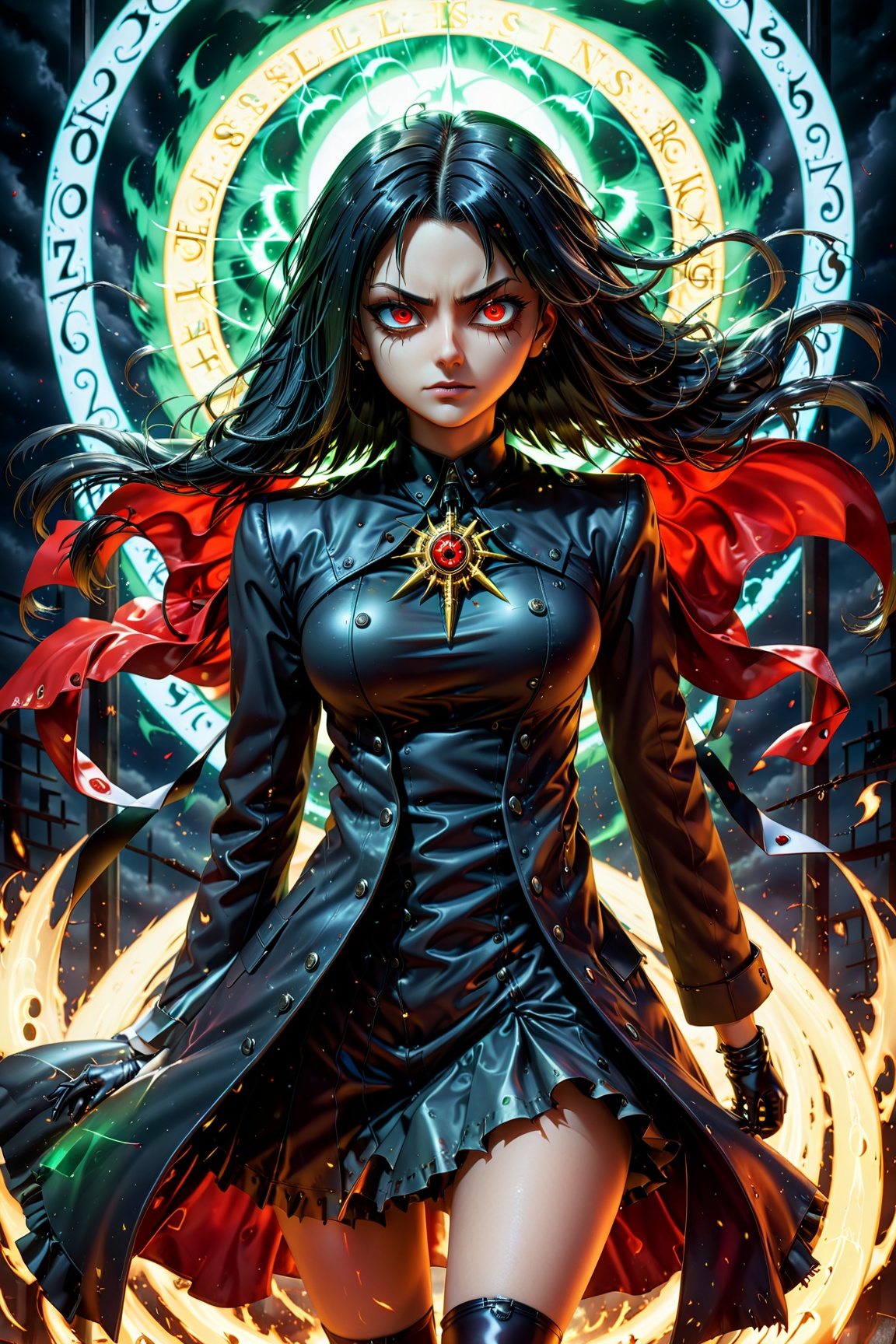 "Gothic,  dark,  very detailed fantasy illustration of a young magical girl with a dark gaze seeking revenge. The artwork...