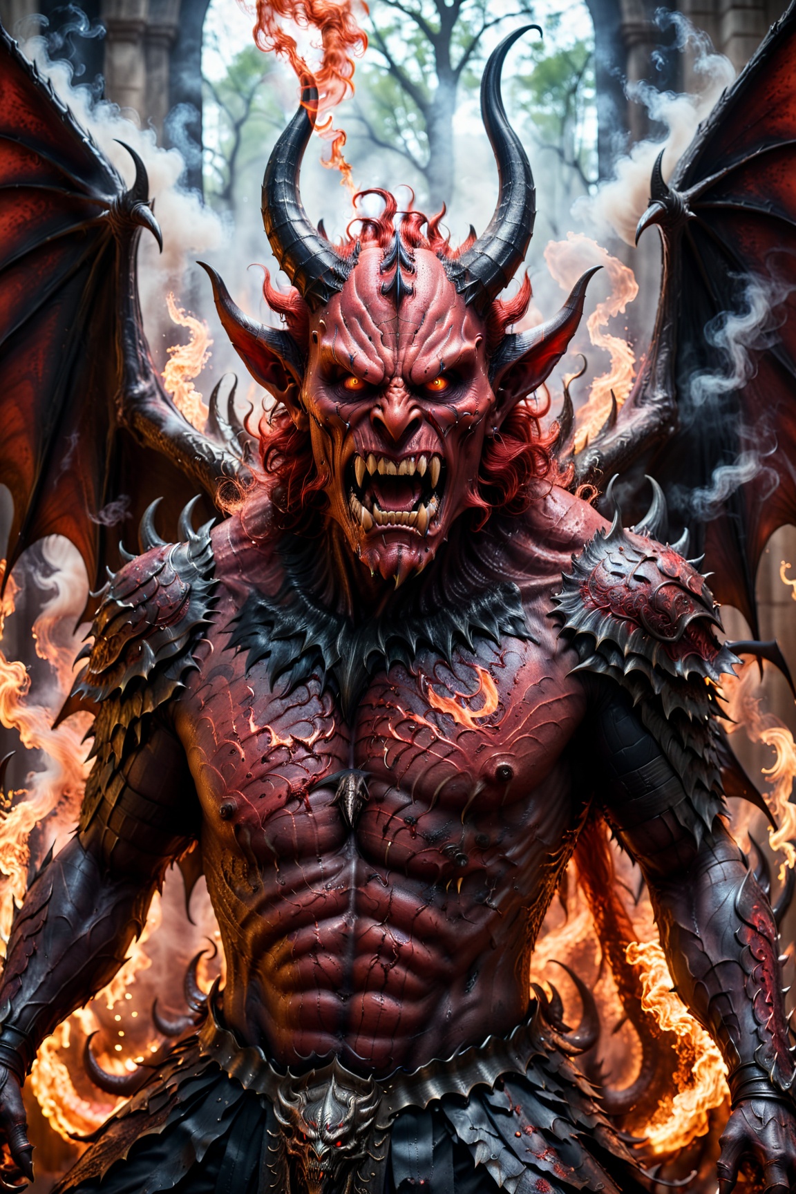 Horror-themed cinematic film still,  a horrifying red-skinned male demon king, on Tensor.Art
