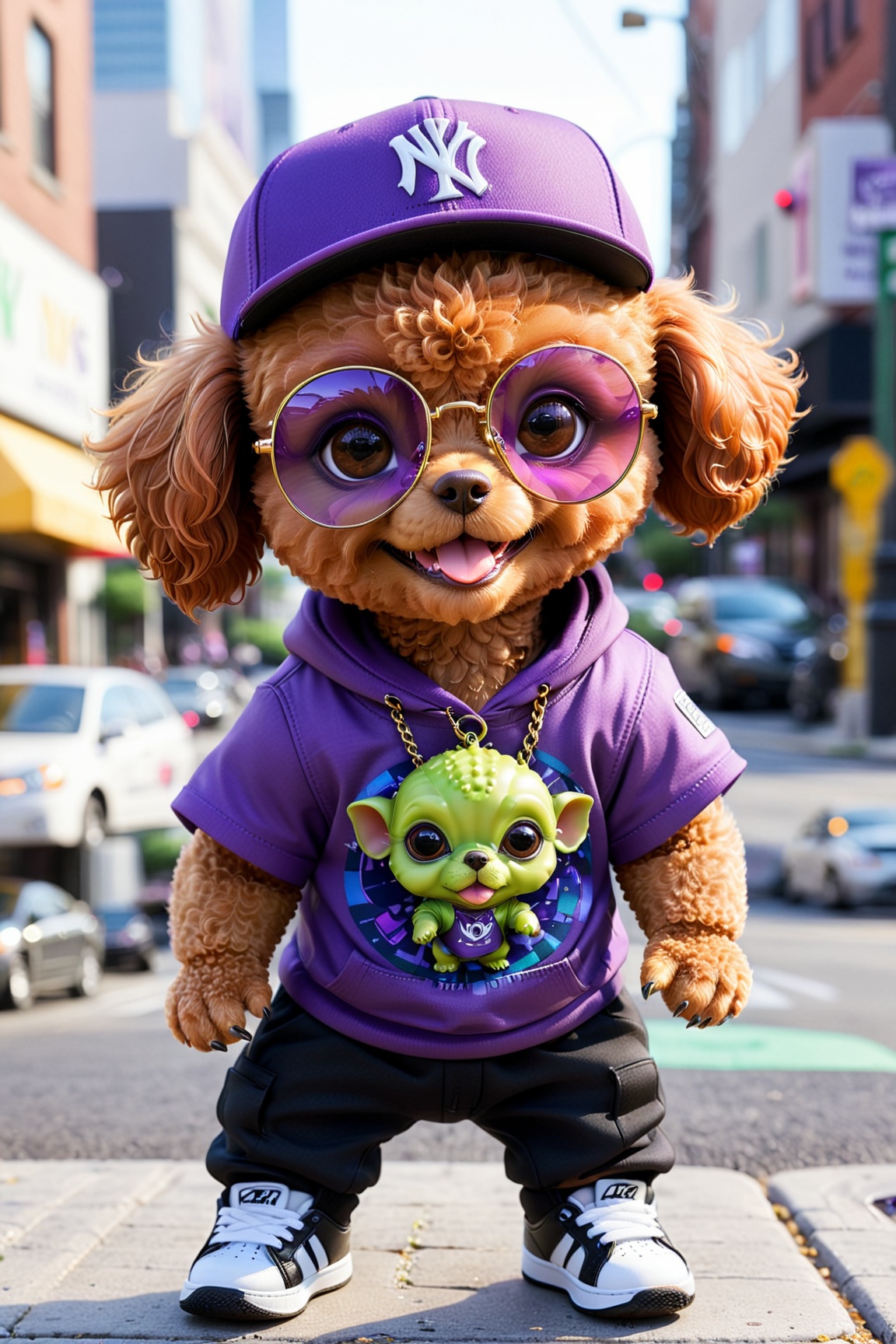"Create a photorealistic depiction of a cute,  fat,  short red-brown toy poodle face baby alien. The alien should be weari...