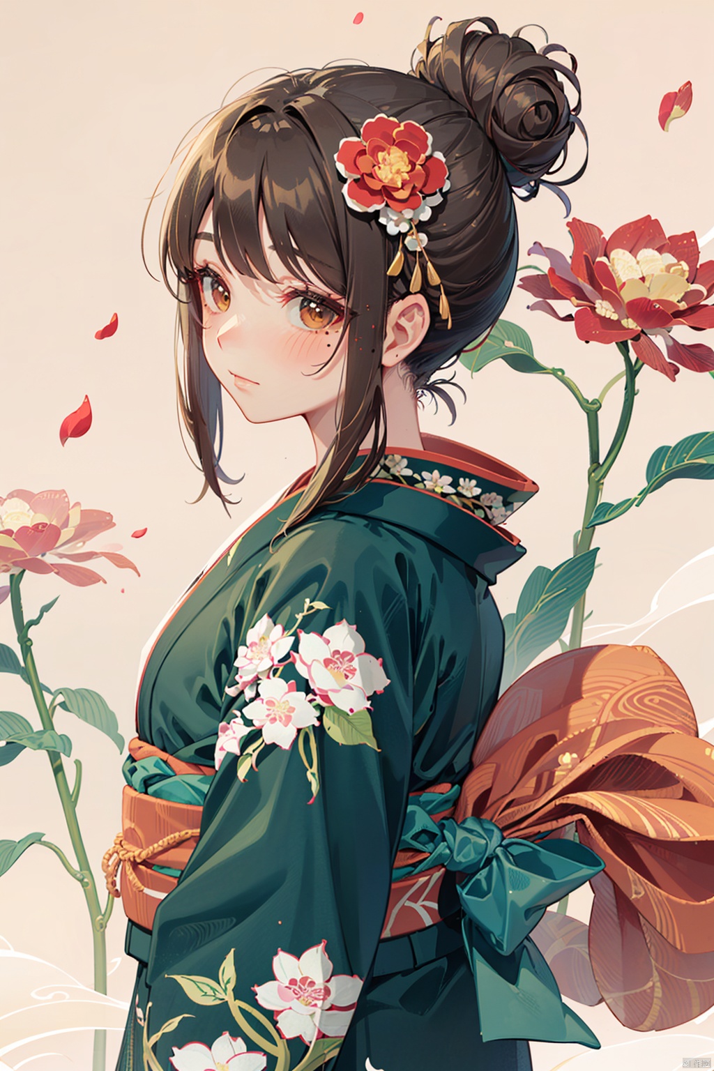 Ukiyo-e style,  1girl,  solo,  hair ornament,  japanese clothes,  flower,  kimono,  looking at viewer,  hair flower,  upper body,  brown eyes,  mole,  blush,  mole under eye,  bangs,  red flower,  closed mouth,  sidelocks,  floral print,  brown hair,  white background,  from side,  simple background,  sash,  obi,  print kimono,  looking to the side,  petals,  long hair,  hair bun,  Ukiyo-e style,  chinese style,<lora:EMS-265964-EMS:0.600000>