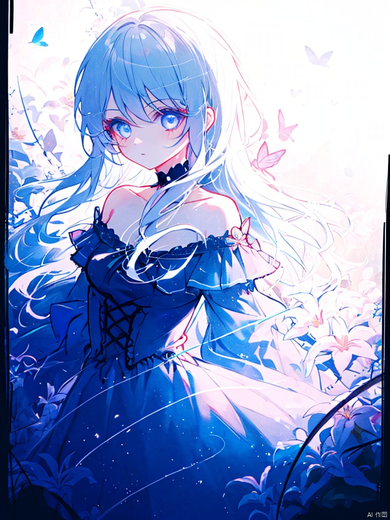  night,glowing eyes,gothic,long dress,
1 girl, solo, long white hair, blue eyes, detailed eyes, blink and youll miss it detail,butterfly, flower garden, high quality, floral background, very detailed,off shoulder