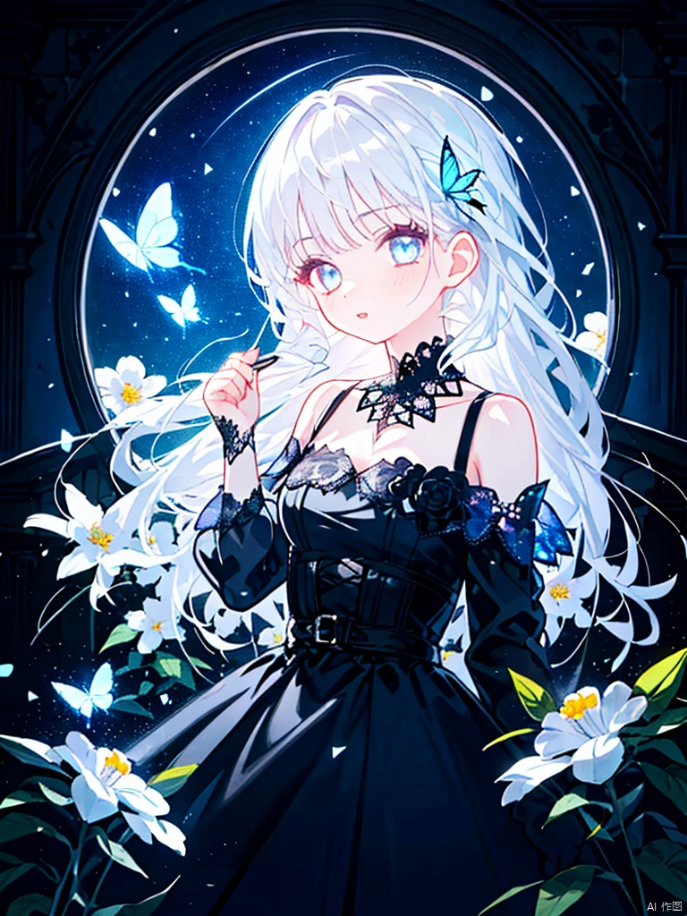  night,glowing eyes,gothic,long dress,
1 girl, solo, long white hair, blue eyes, detailed eyes, blink and youll miss it detail,butterfly, flower garden, high quality, floral background, very detailed,off shoulder