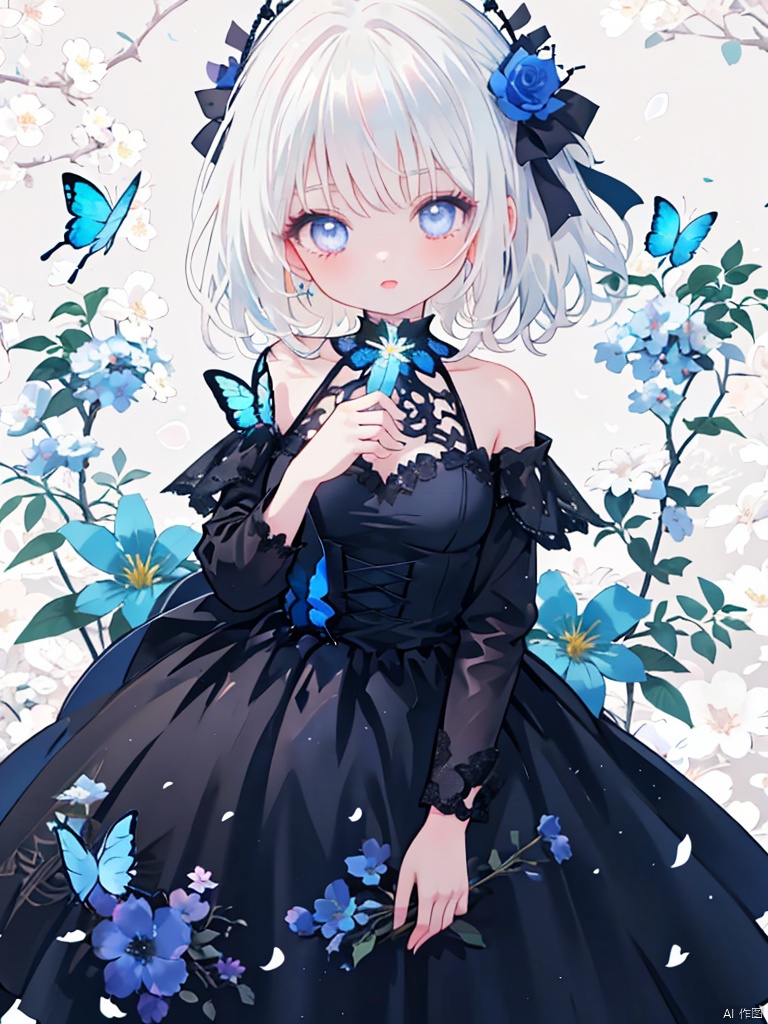  night,glowing eyes,gothic,long dress,
1 girl, solo, long white hair, blue eyes, detailed eyes, blink and youll miss it detail,butterfly, flower garden, high quality, floral background, very detailed,off shoulder