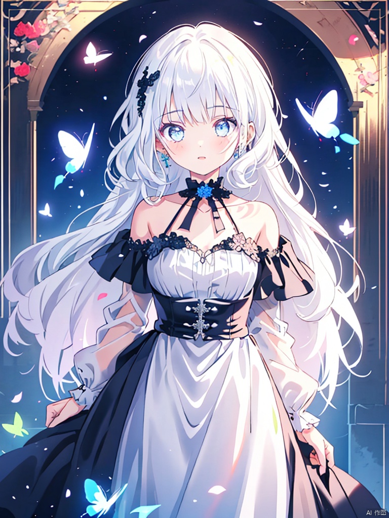  night,glowing eyes,gothic,long dress,
1 girl, solo, long white hair, blue eyes, detailed eyes, blink and youll miss it detail,butterfly, flower garden, high quality, floral background, very detailed,off shoulder