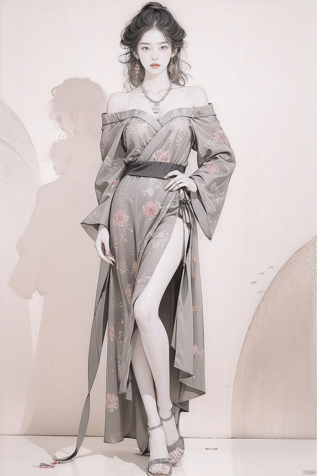 1girl, face, curly hair, black hair, standing,  Jewelry,  necklace,  earrings,  crescent,  bare shoulders, Dressed in Chinese Hanfu,  long bare legs,  full body,  whole body,  Simple background, graphite,<lora:EMS-266021-EMS:1.000000>
