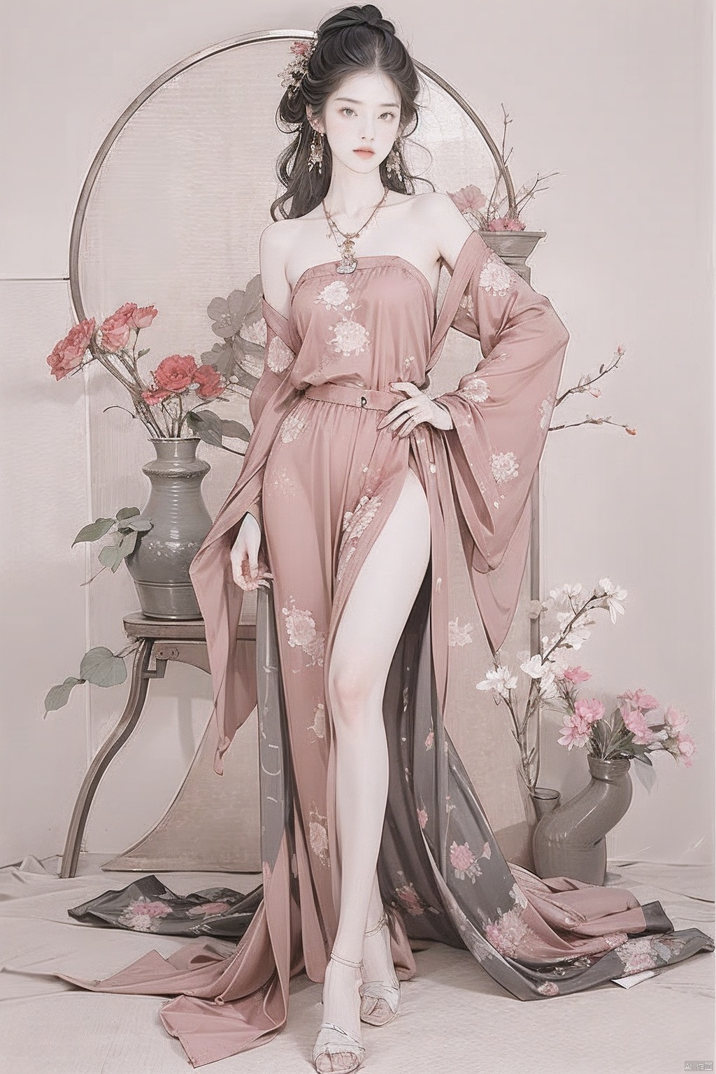 1girl, face, curly hair, black hair, standing,  Jewelry,  necklace,  earrings,  crescent, Dressed in Chinese Hanfu,  long bare legs,  full body,  whole body,  Simple background, graphite,<lora:EMS-266021-EMS:1.000000>,<lora:EMS-254904-EMS:0.600000>