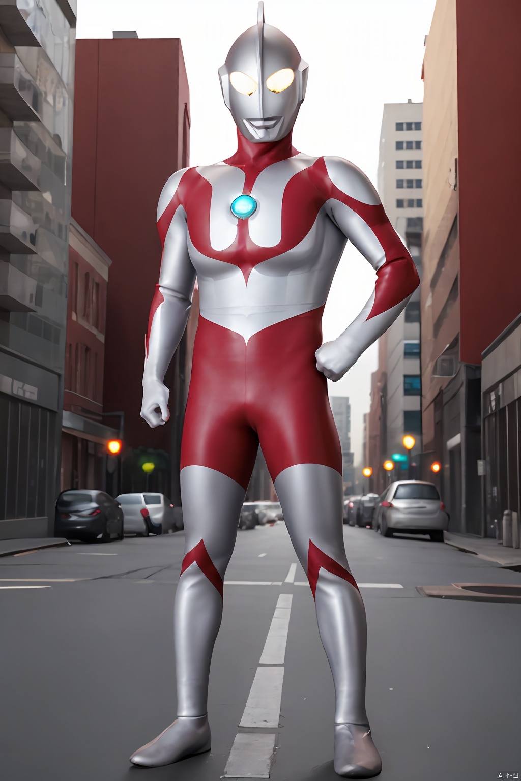 Huge Ultraman,solo,1boy, full body, 
Milky white eyes, male focus, bodysuit, glowing, glowing eyes, alien, multicolored bodysuit, tokusatsu,Urban background,