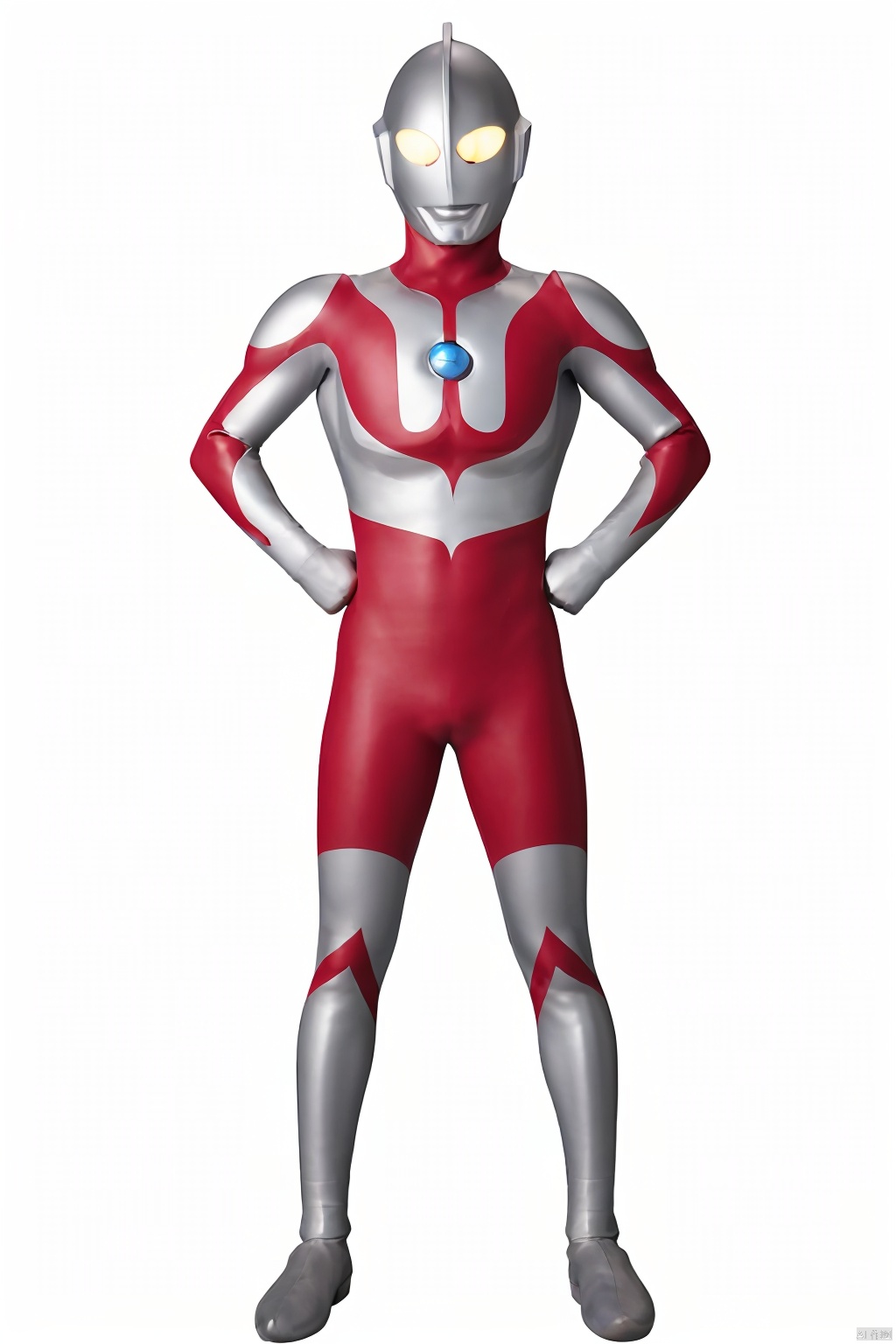 solo, looking at viewer,1boy, full body, 
Milky white eyes, male focus, bodysuit, glowing, glowing eyes, alien, multicolored bodysuit, tokusatsu,