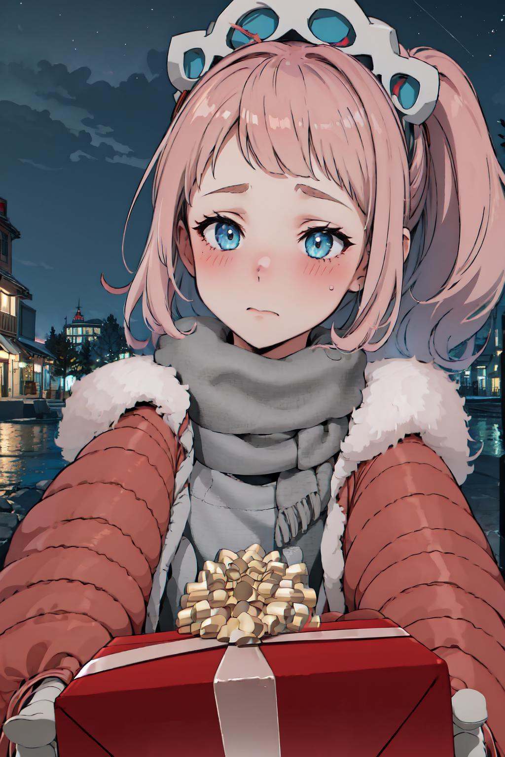 1girl, IncrsGettingAPresent, pov, winter clothes, scarf, <lora:POVGettingAPresent:1>, feliciarnd, <lora:Char_FireEmblem_Felicia:0.9>, outdoors, night, shy, blush, 
