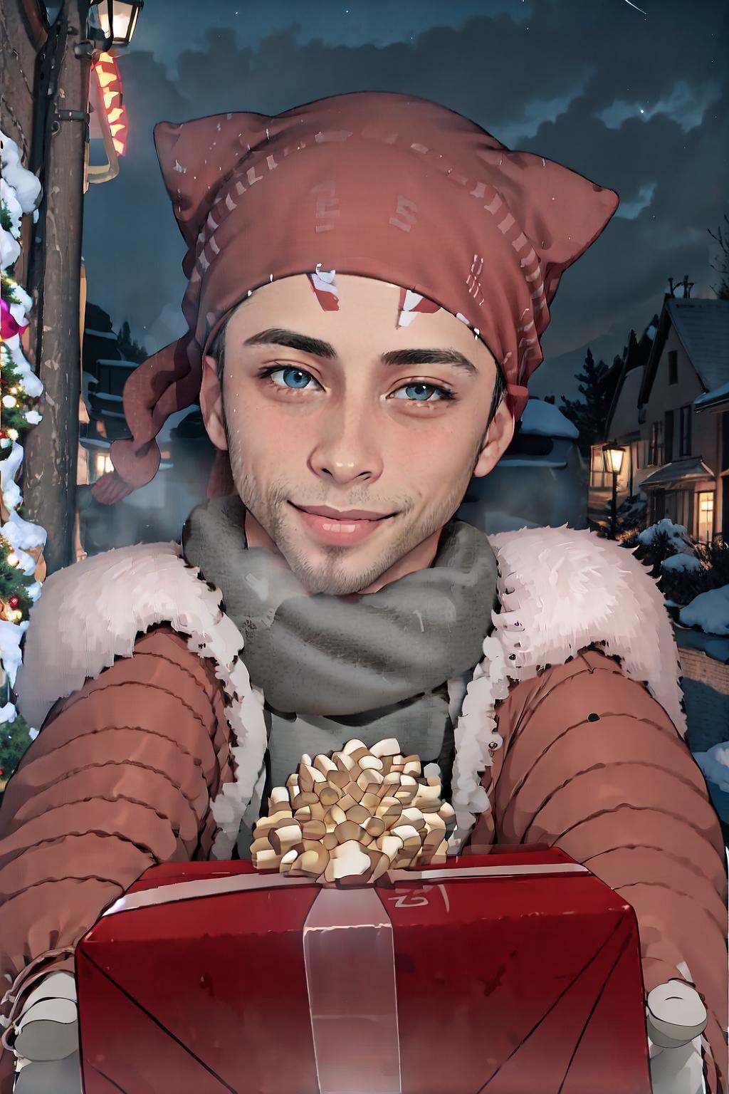 IncrsGettingAPresent, pov, winter clothes, scarf, <lora:POVGettingAPresent:1>, outdoors, night, blush, seductive smile, Ricardo, red bandana on the head, <lora:Char_Sigmas_RicardoMilos:0.9>