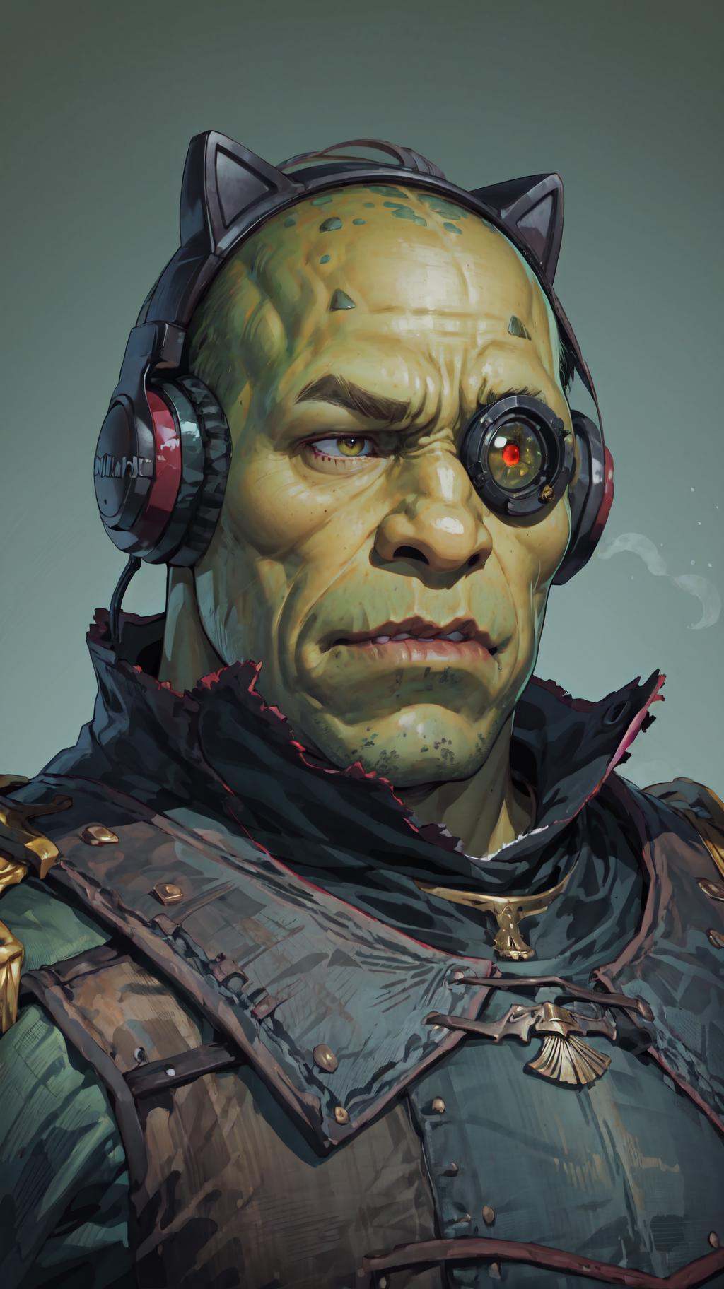 1boy, incrsheadphones, <lora:HeadphonesWithCatearsV2:1>, shrex, green skin, ogre, shrek, <lora:Char_Sigmas_Shrek:0.9>, edgCommissar, epaulettes, wearing edgCommissar, ((artificial eye)), skull emblem, millitary uniform, <lora:Outfit_Warhammer40KCommissar:1>, upper body, 