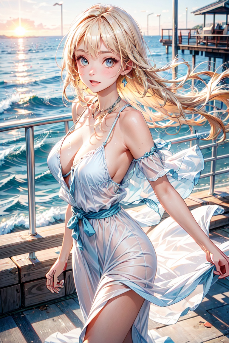 Generate hyper realistic image of a blonde beauty with beachy waves,  natural and sun-kissed makeup,  and a flowing white...