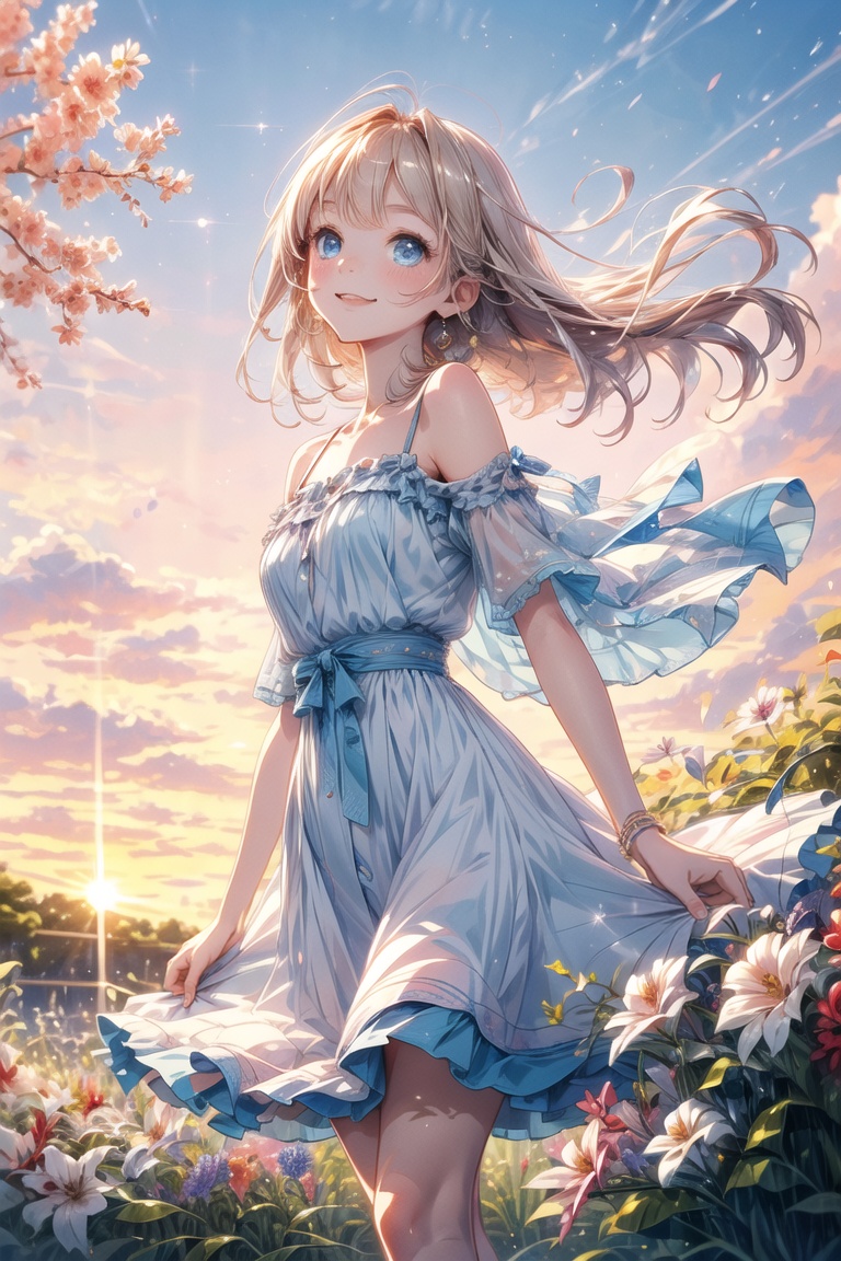 A dreamy girl in a sundress is looking up at the sky while walking through a field of wildflowers with a gentle breeze at...