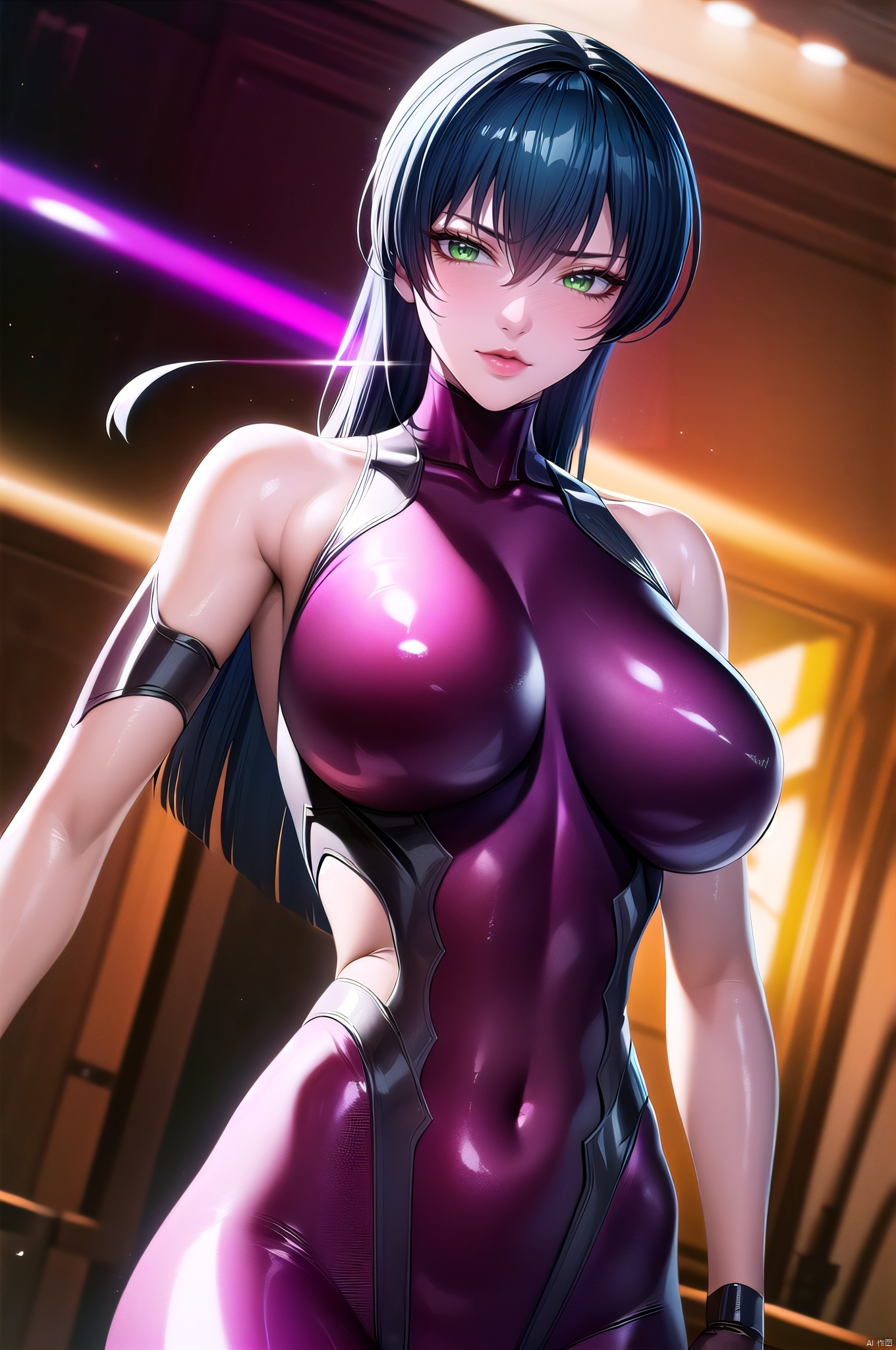 Asagi, 1girl, solo, breasts, weapon, long hair, sword, full body, simple background, gloves, shiny clothes, fishnets, bangs, shiny, elbow gloves, hand on hip, purple bodysuit, looking at viewer, bodysuit, bare shoulders, skin tight, white background, covered collarbone, standing, blue hair, covered navel, weapon on back, large breasts, shiny hair, ninja, closed mouth, sleeveless, turtleneck, impossible clothes, katana, impossible bodysuit, sword behind back, sheathed, lips, sheath, shiny skin, green eyes,(upper body:1.5),nice hands,  perfect balance,  looking at viewer,  (Light_Smile:0.3),  official art,  extremely detailed CG unity 8k wallpaper,  perfect lighting,  Colorful,  Bright_Front_face_Lighting,  White skin,  (masterpiece:1),  (best_quality:1),  ultra high res,  4K,  ultra-detailed,  photography,  8K,  HDR,  highres,  absurdres:1.2,  Kodak portra 400,  film grain,  blurry background,  bokeh:1.2,  lens flare,  (vibrant_color:1.2),  professional photograph,  (narrow_waist),dark studio, , Shizuru, Asagi
