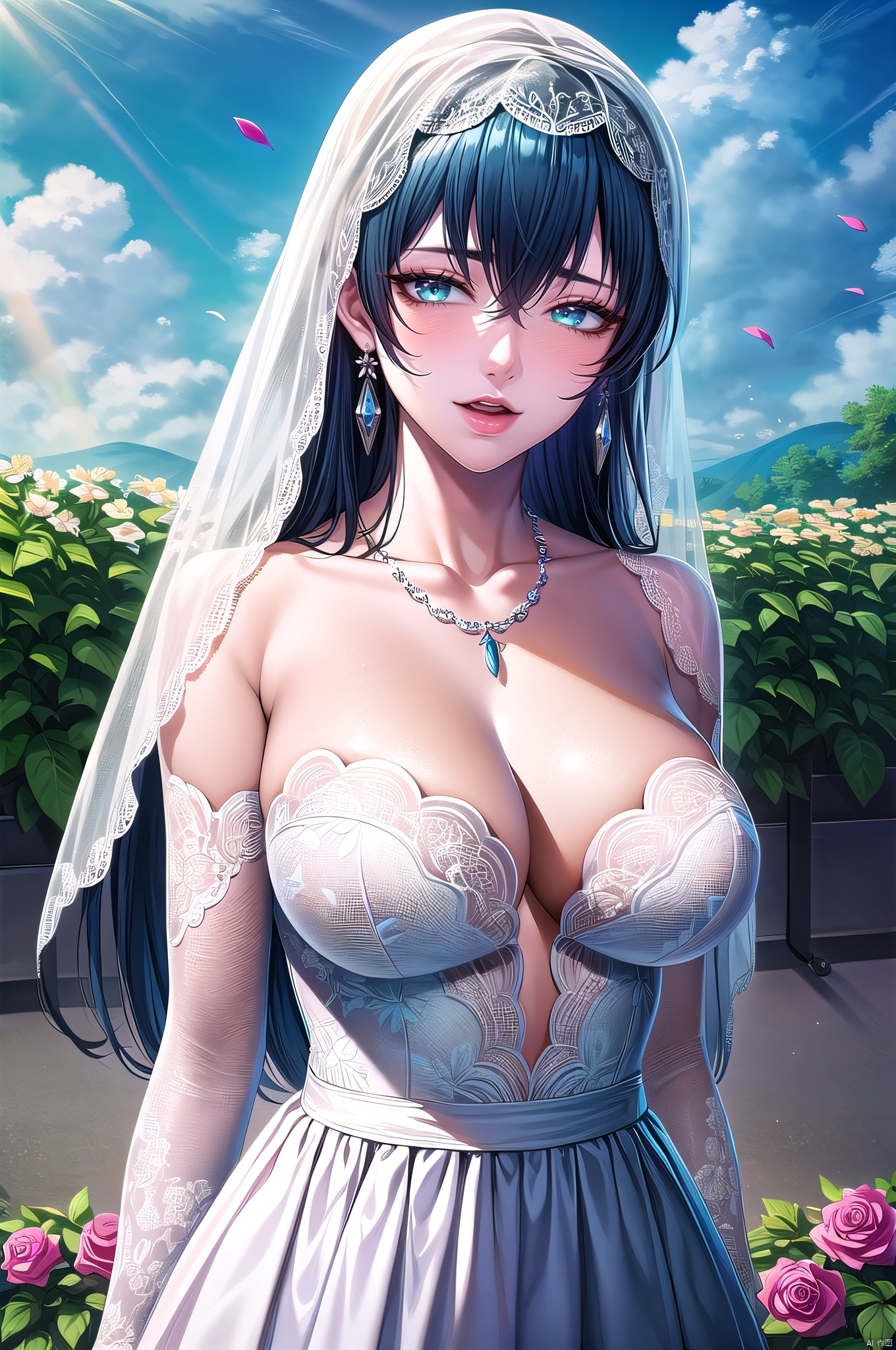 Asagi, 1girl, flower, bouquet, breasts, dress, wedding dress, jewelry, bird, rose, veil, solo, long hair, large breasts, necklace, cleavage, earrings, bridal veil, blush, holding bouquet, petals, gloves, holding, bare shoulders, white dress, collarbone, looking at viewer, strapless, sky, dove, black hair, blue flower, elbow gloves, feathers, smile, bride, strapless dress, purple flower, blue rose, open mouth, pink rose, outdoors, purple rose, field, cloud, flower field, hair between eyes, bangs, pink flower, blue eyes, white gloves, aqua eyes, white rose,(upper body:1.5),nice hands,  perfect balance,  looking at viewer,  closed mouth,  (Light_Smile:0.3),  official art,  extremely detailed CG unity 8k wallpaper,  perfect lighting,  Colorful,  Bright_Front_face_Lighting,  White skin,  (masterpiece:1),  (best_quality:1),  ultra high res,  4K,  ultra-detailed,  photography,  8K,  HDR,  highres,  absurdres:1.2,  Kodak portra 400,  film grain,  blurry background,  bokeh:1.2,  lens flare,  (vibrant_color:1.2),  professional photograph,  (narrow_waist),dark studio, Asagi