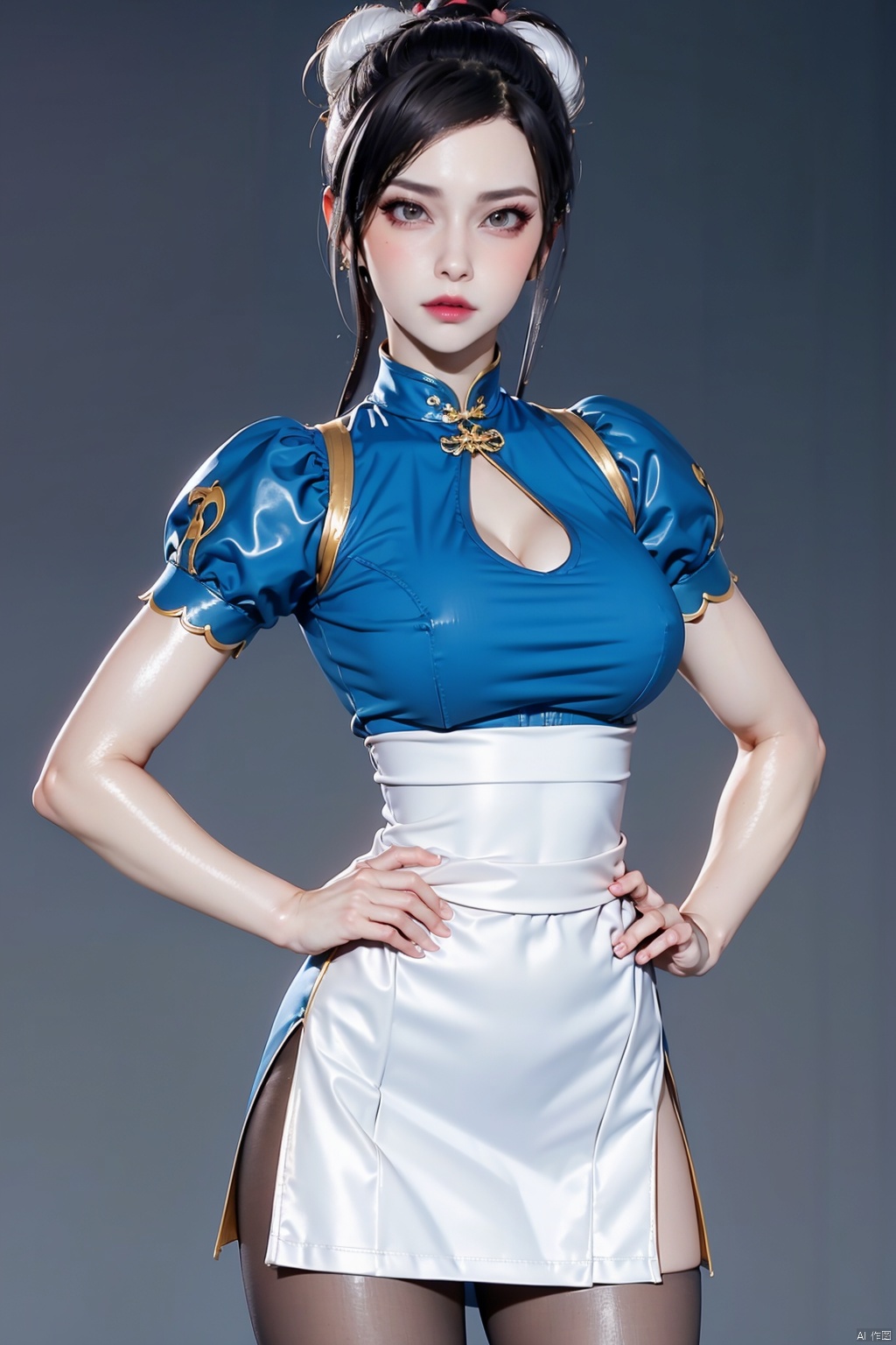 Masterpiece,(UHD) 16K,(Best:1.1),Beautiful face,High detail skin,Super detail,Ultra high resolution,High resolution,Perfect face,Detailed lighting,Detailed skin,Detailed shadows,Larry's skin,Glossy skin,Best,Single person,Upper body lens,Natural light,Medium chest/cleavage,Perfect analysis,3D,pantyhose,chun-li,china_dress,chinese_clothes,dress,pelvic_curtain,spikes,boots,bracelet,spiked_bracelet,jewelry,1girl,white_footwear,bun_cover,cross-laced_footwear,puffy_short_sleeves,puffy_sleeves,hand_on_hip,blue_dress,sash,earrings,short_sleeves,solo,brown_legwear,hands_on_hips,double_bun,breasts,knee_boots,brown_eyes,