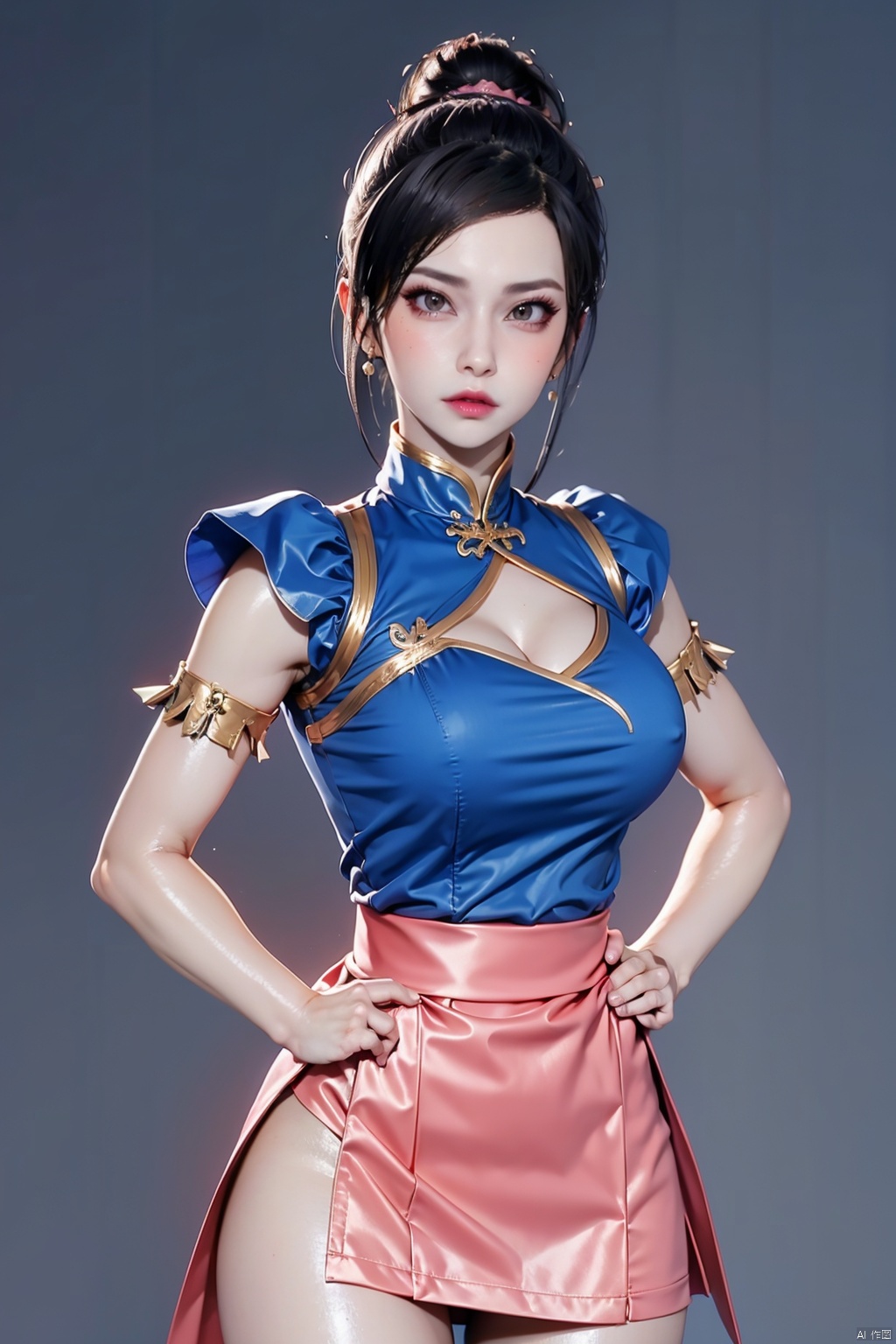  Masterpiece,(UHD) 16K,(Best:1.1),Beautiful face,High detail skin,Super detail,Ultra high resolution,High resolution,Perfect face,Detailed lighting,Detailed skin,Detailed shadows,Larry's skin,Glossy skin,Best,Single person,Upper body lens,Natural light,Medium chest/cleavage,Perfect analysis,3D,pantyhose,chun-li,china_dress,chinese_clothes,dress,pelvic_curtain,spikes,boots,bracelet,spiked_bracelet,jewelry,1girl,white_footwear,bun_cover,cross-laced_footwear,puffy_short_sleeves,puffy_sleeves,hand_on_hip,blue_dress,sash,earrings,short_sleeves,solo,brown_legwear,hands_on_hips,double_bun,breasts,knee_boots,brown_eyes,