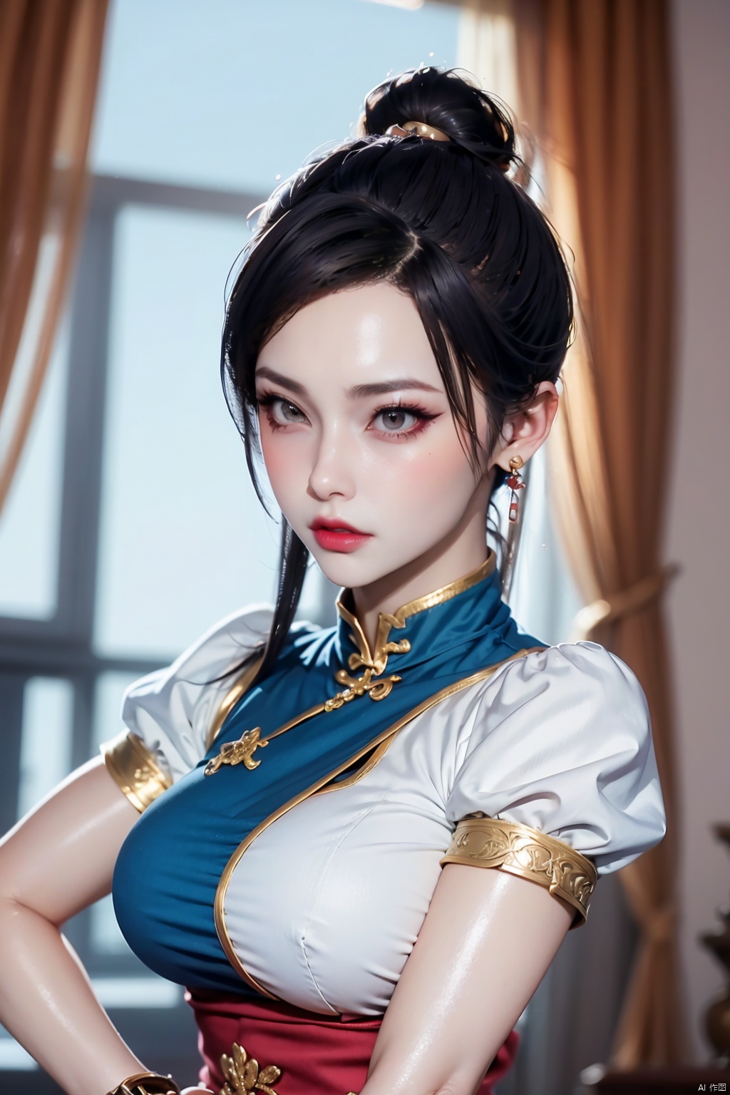  Masterpiece,(UHD) 16K,(Best:1.1),Beautiful face,High detail skin,Super detail,Ultra high resolution,High resolution,Perfect face,Detailed lighting,Detailed skin,Detailed shadows,Larry's skin,Glossy skin,Best,Single person,Upper body lens,Natural light,Medium chest/cleavage,Perfect analysis,3D,pantyhose,chun-li,china_dress,chinese_clothes,dress,pelvic_curtain,spikes,boots,bracelet,spiked_bracelet,jewelry,1girl,white_footwear,bun_cover,cross-laced_footwear,puffy_short_sleeves,puffy_sleeves,hand_on_hip,blue_dress,sash,earrings,short_sleeves,solo,brown_legwear,hands_on_hips,double_bun,breasts,knee_boots,brown_eyes,