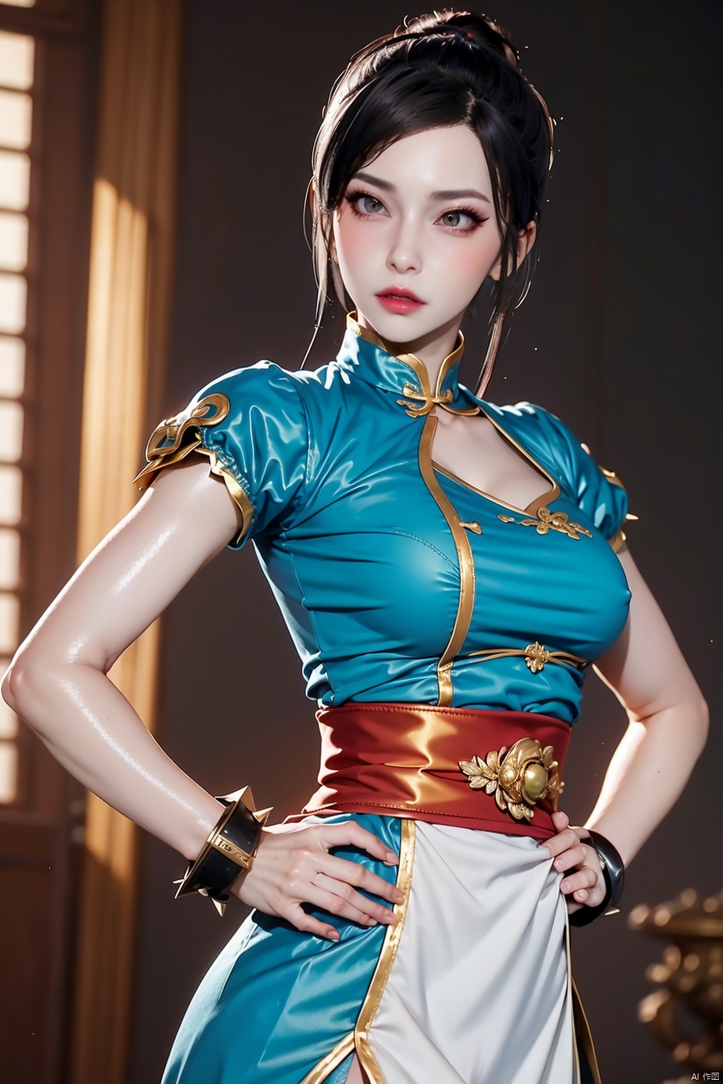 Masterpiece,(UHD) 16K,(Best:1.1),Beautiful face,High detail skin,Super detail,Ultra high resolution,High resolution,Perfect face,Detailed lighting,Detailed skin,Detailed shadows,Larry's skin,Glossy skin,Best,Single person,Upper body lens,Natural light,Medium chest/cleavage,Perfect analysis,3D,pantyhose,chun-li,china_dress,chinese_clothes,dress,pelvic_curtain,spikes,boots,bracelet,spiked_bracelet,jewelry,1girl,white_footwear,bun_cover,cross-laced_footwear,puffy_short_sleeves,puffy_sleeves,hand_on_hip,blue_dress,sash,earrings,short_sleeves,solo,brown_legwear,hands_on_hips,double_bun,breasts,knee_boots,brown_eyes,