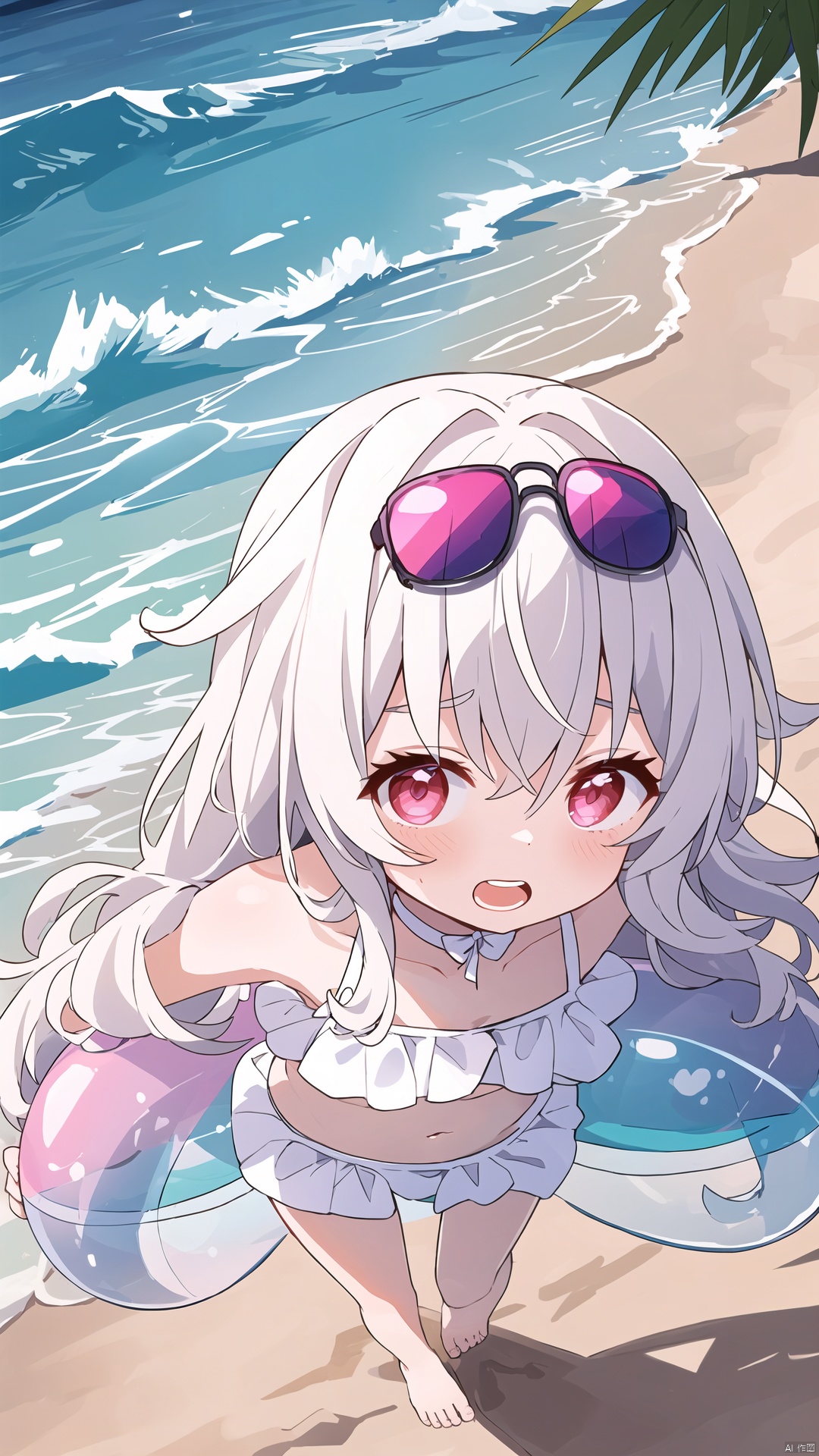  clara (honkai: star rail), 1girl, solo, breasts, navel, bare shoulders, barefoot, beach, bikini, deyui, eyebrows hidden by hair, eyewear on head, feet, hair between eyes, highres, honkai: star rail, honkai (series), innertube, legs, long hair, looking at viewer, nail polish, ocean, open mouth, red eyes, small breasts, sunglasses, swim ring, swimsuit, teeth, toenail polish, toenails, toes, white bikini, white hair