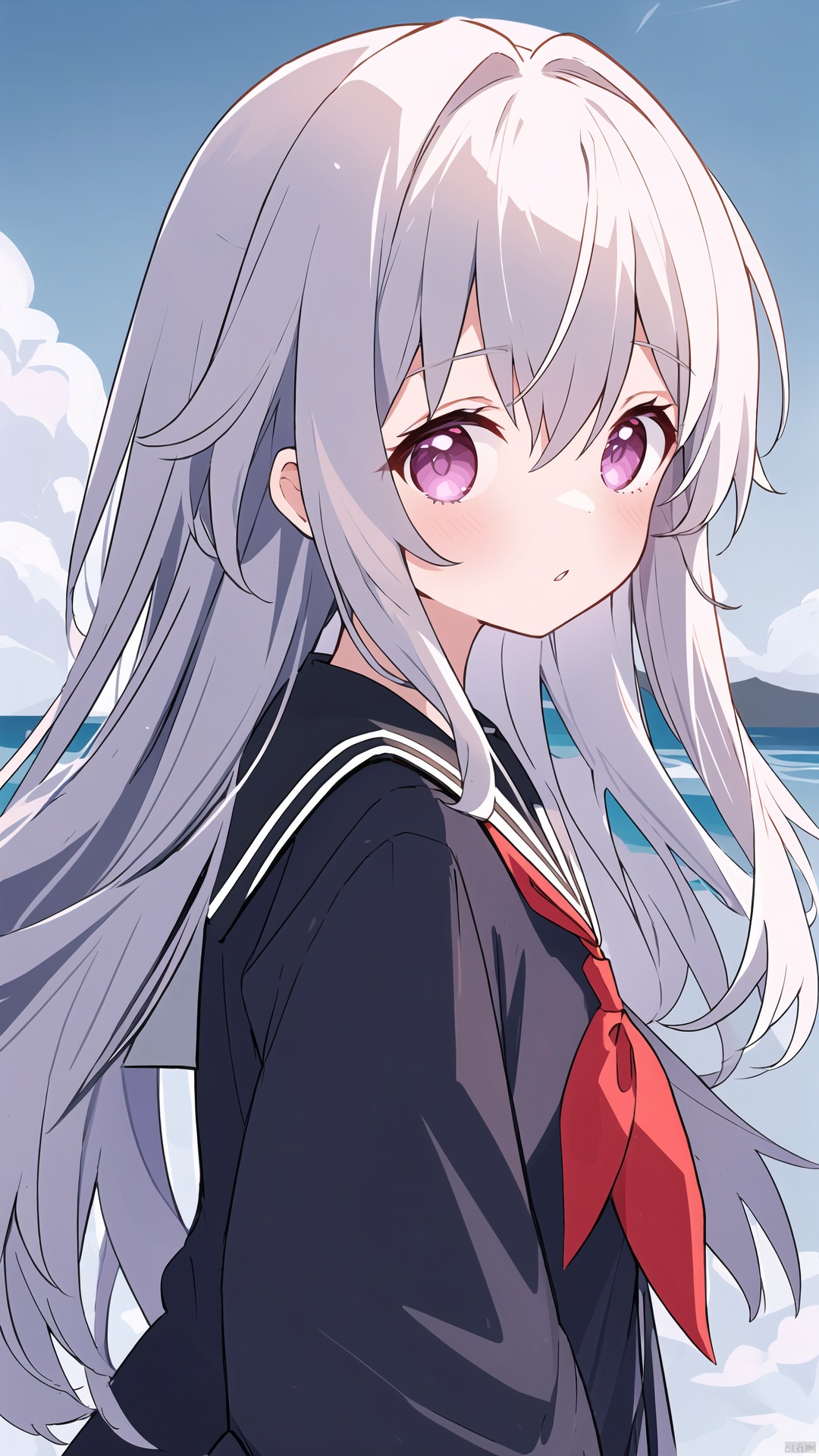  clara (honkai: star rail), 1girl, solo, blush, shirt, black sailor collar, commentary, deyui, english commentary, from side, hair between eyes, highres, honkai: star rail, honkai (series), long hair, looking at viewer, looking to the side, neckerchief, parted lips, purple eyes, red neckerchief, sailor collar, school uniform, serafuku, upper body, very long hair, white hair, white shirt