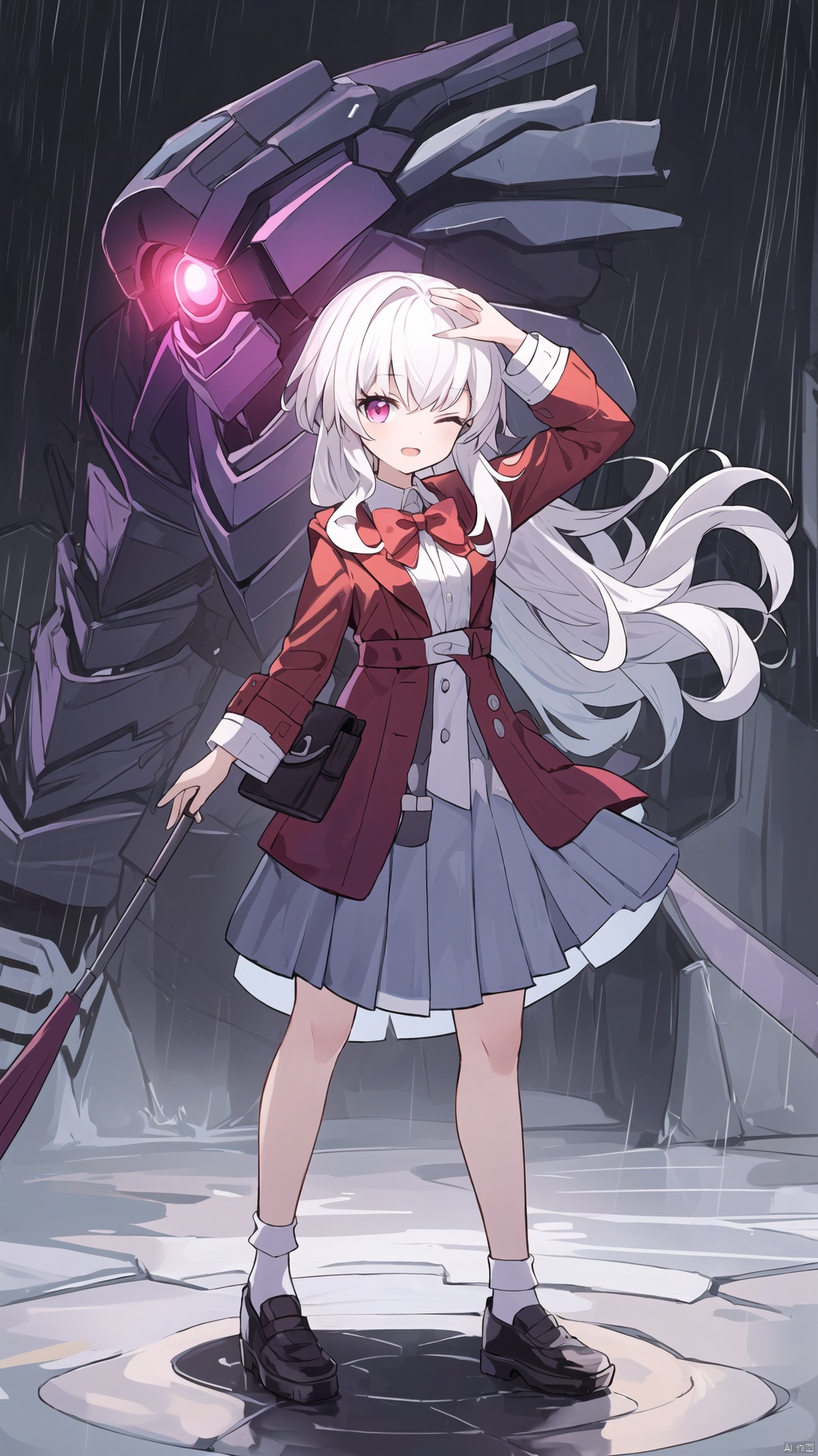  clara (honkai: star rail), 1girl, white hair, red eyes, pink eyes, open mouth, bowtie, red bowtie, bow, skirt, shirt, grey skirt, white shirt, bag, dress shirt, full body, hand on own head, handbag, head tilt, highres, honkai: star rail, honkai (series), jacket, long sleeves, on one knee, one eye closed, open clothes, open jacket, pants, pleated skirt, rain, red bow, robot, shoes, socks, svarog (honkai: star rail), transparent, transparent umbrella, umbrella, zlxboy