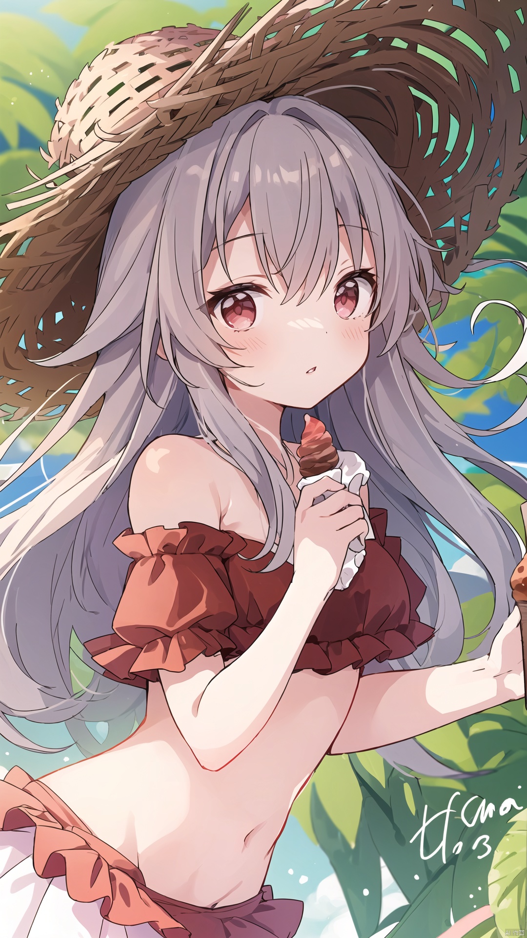  clara (honkai: star rail), 1girl, solo, breasts, bare shoulders, bikini, brown headwear, cleavage, commentary, day, detached sleeves, food, frilled bikini, frills, grey hair, hair between eyes, hat, holding, holding food, honkai: star rail, honkai (series), ice cream, long hair, outdoors, parted lips, plant, puffy short sleeves, puffy sleeves, red bikini, red eyes, red sleeves, shirogane hina, short sleeves, small breasts, strapless, strapless bikini, straw hat, swimsuit, symbol-only commentary, very long hair