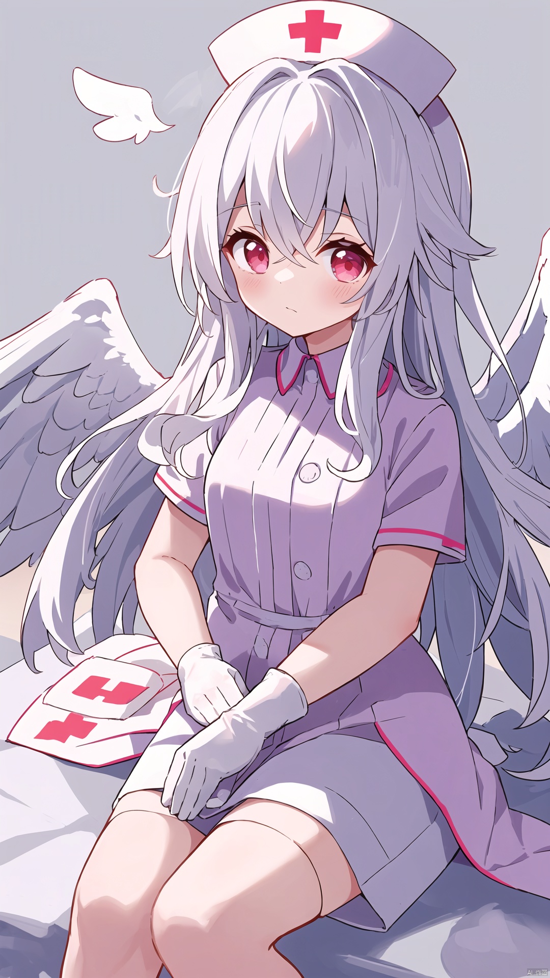  clara (honkai: star rail), 1girl, solo, white hair, long hair, red eyes, blush, angel wings, bandages, deyui, gloves, hair between eyes, hat, honkai: star rail, honkai (series), looking at viewer, nurse, nurse cap, simple background, sitting, white background, wings