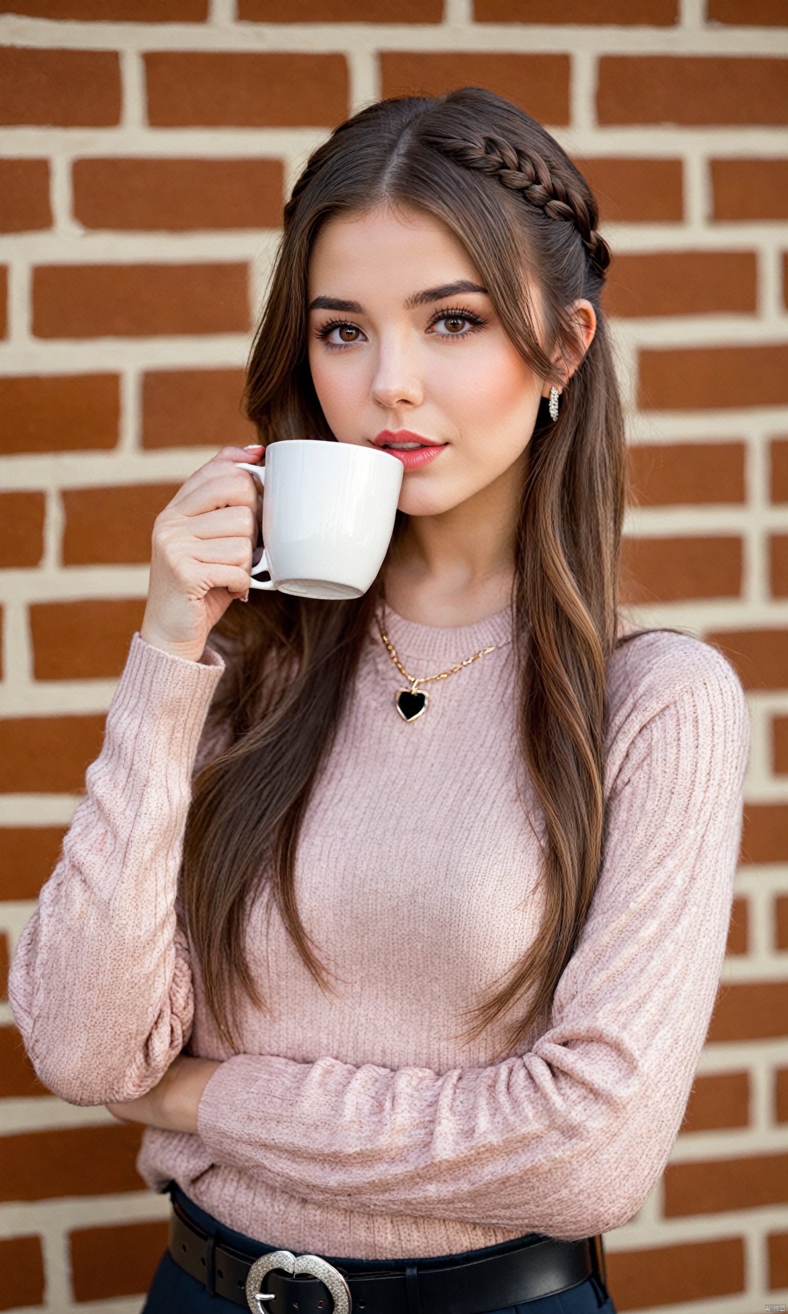  1girl, solo, holding, long hair, looking at viewer, cup, bangs, long sleeves, holding cup, brown eyes, brown hair, disposable cup, belt, earrings, blush, jewelry, braid, brick wall, outdoors, capelet, open mouth, :o, sweater, coffee cup, parted lips, bow, turtleneck, standing, sleeves past wrists, hands up, belt buckle, shiny hair