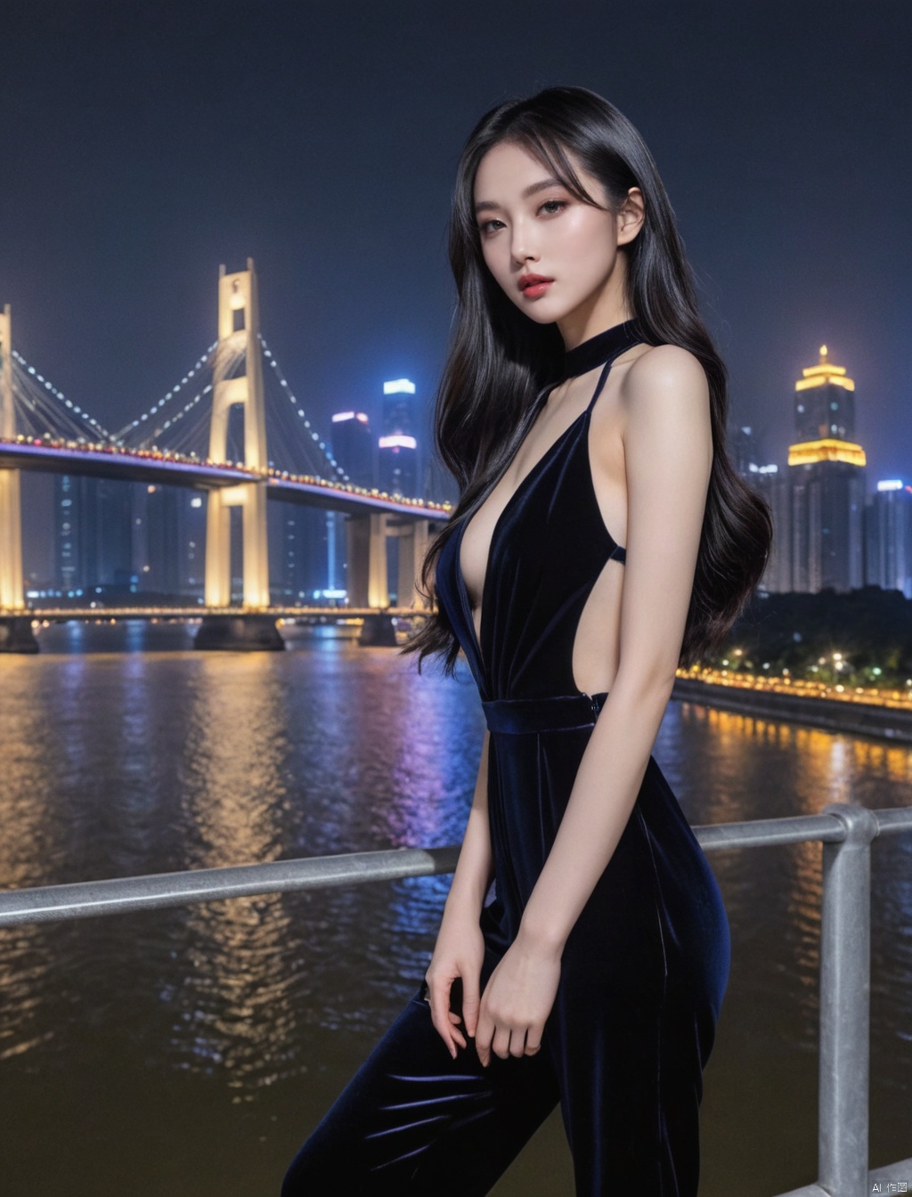  scenery,city,building, cityscape,skyscraper, night,city lights,outdoors,bridge,science fiction, water,chongqing,1girl,long hair, black hair, lips, realistic,Velvet jumpsuit, plunging neckline, heels,large breasts,cleavage, arafed image of a woman,very pretty model, chinese girl, she is korean, lariennechan, 1 8 yo, beautiful asian girl, lovely woman, pretty face, asian decent, slender girl, attractive girl, gorgeous chinese model,photoshop \(medium\), realistic,best quality, high quality,
Half body photo