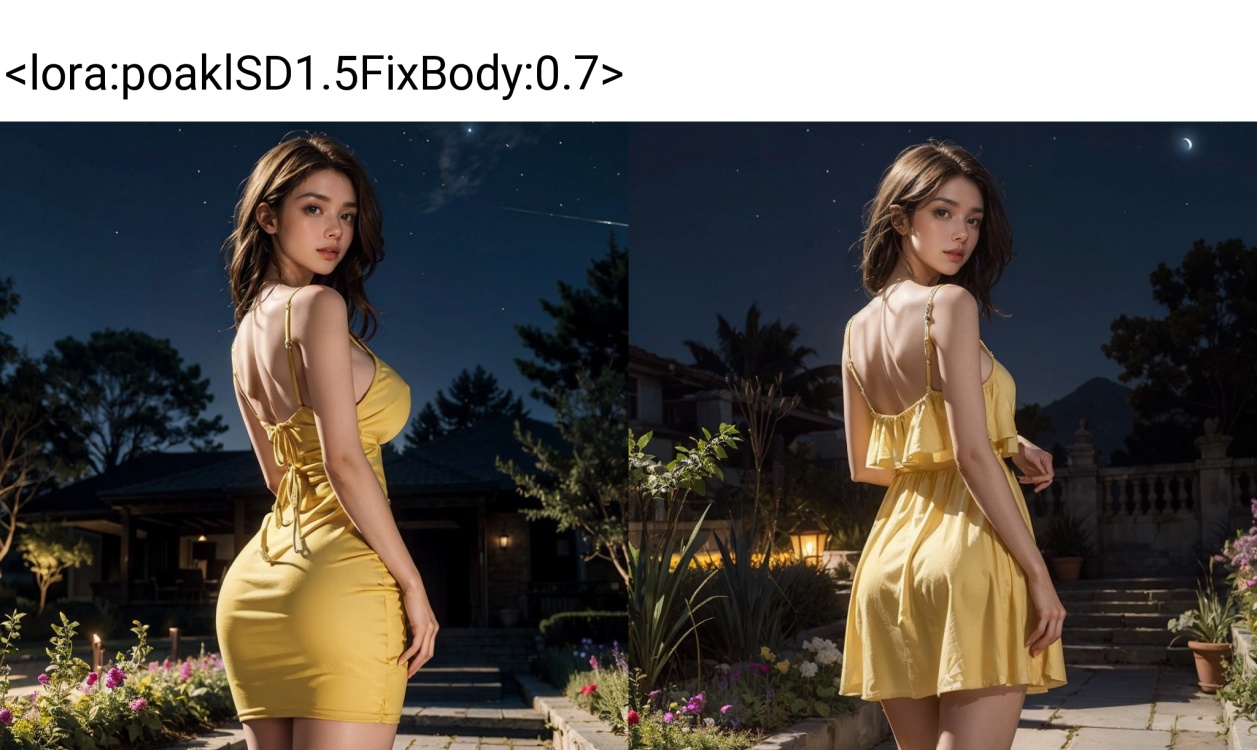 masterpiece, best quality, alpha, (yellow sundress:1.2), from behind, garden, large breasts, night sky, leaning forward, looking at viewer, ((poakl)), <lora:poaklSD1.5FixBody:0.7>, 