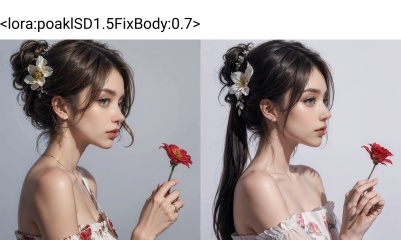 1girl, solo, hair ornament, flower, hair flower, holding a flower, perfect hands, makeup, blue hair, eyelashes, dacing, white background, black hair, eyeshadow, lips, profile, parted lips, chinese clothes, red lips, bare shoulders, upper body, lipstick, simple background, ((poakl)), <lora:poaklSD1.5FixBody:0.7>, 