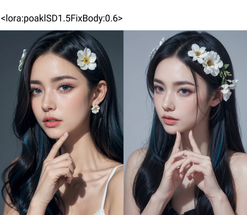 1girl, solo, hair ornament, flower, hair flower, perfect hands, makeup, blue hair, eyelashes, show her hands, ((poakl)), <lora:poaklSD1.5FixBody:0.6>, 