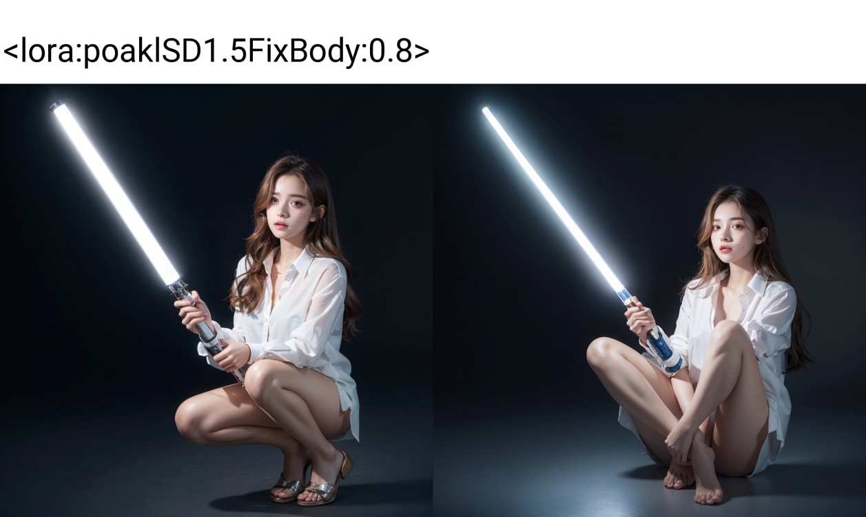 1girl, 18 years old, cute face, full lips, holding one blue lightsabre, freckles, wearing shirt, beautiful, dslr, 8k, 4k, natural skin, High resolution, SFW, full body photo, high resolution image, ((poakl)), <lora:poaklSD1.5FixBody:0.8>, 