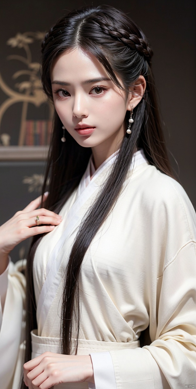  (DSLR quality: 1.1),
liruotong, 1girl, solo, black hair, earrings, jewelry, realistic, long hair, looking at viewer, upper body, brown eyes, liruotong